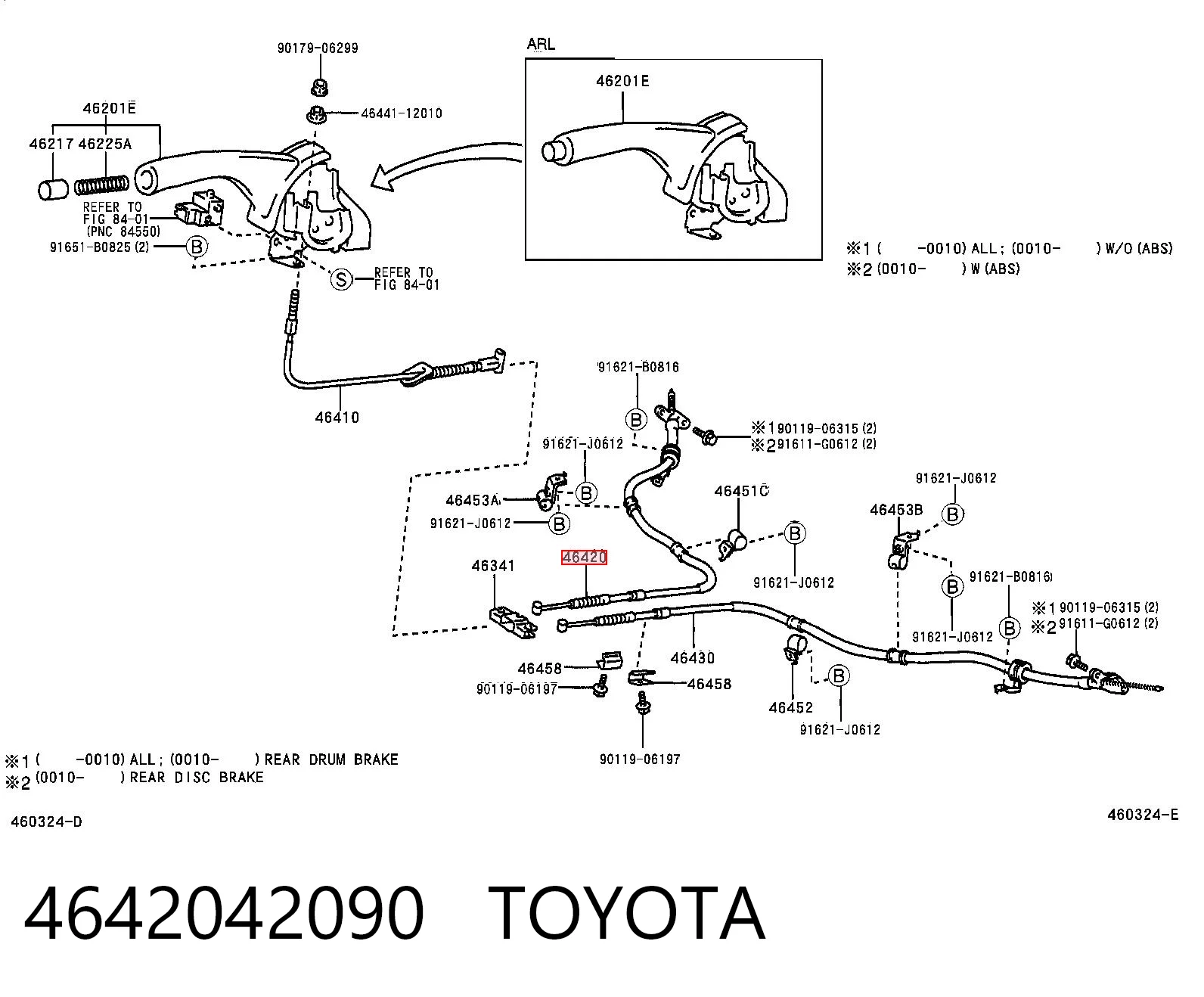 4642042090 Toyota Cable de freno de mano trasero derecho