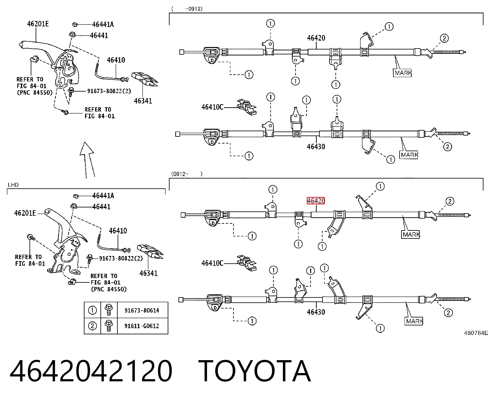 4642042120 Toyota Cable de freno de mano trasero derecho