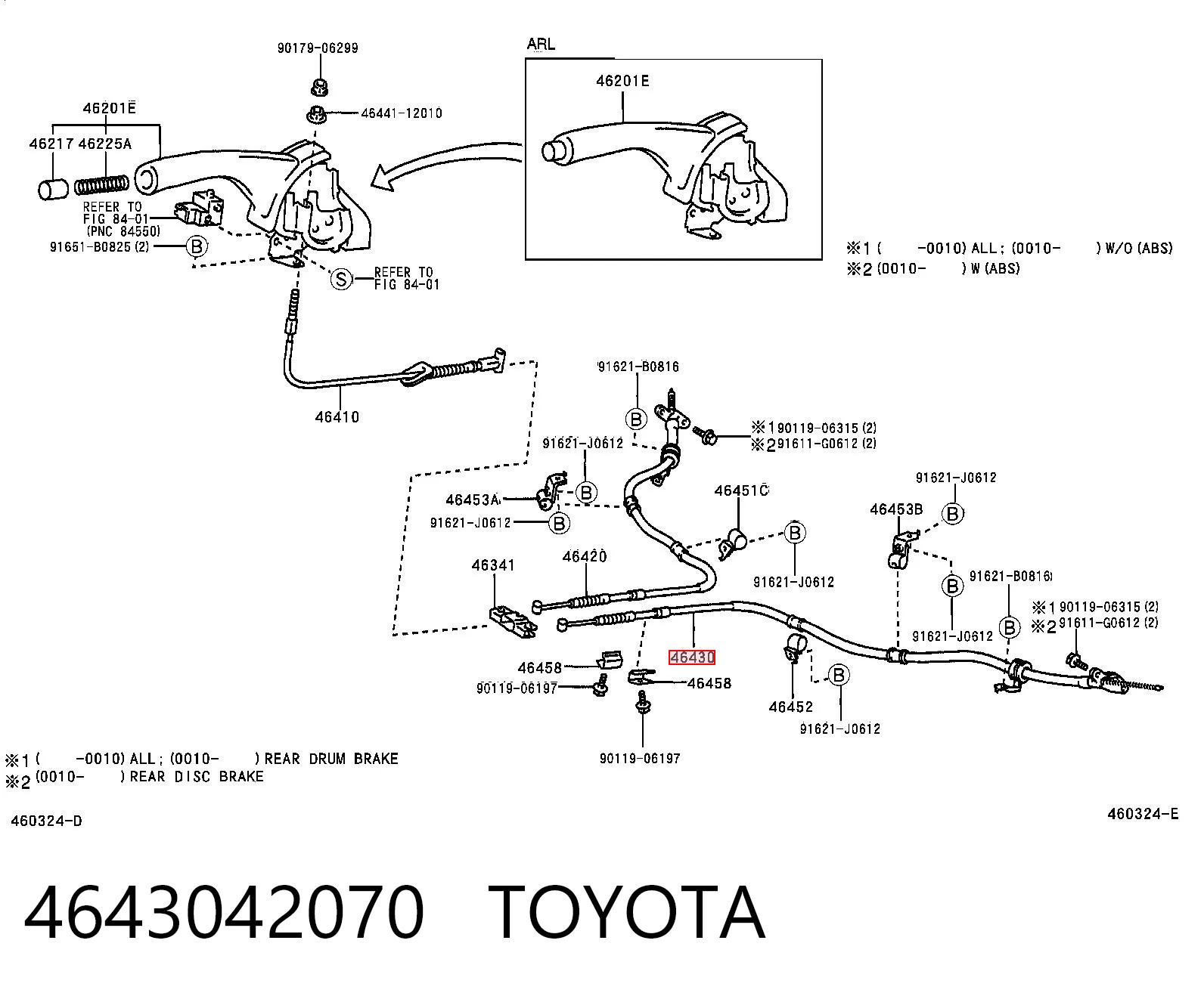 4643042070 Toyota Cable de freno de mano trasero izquierdo