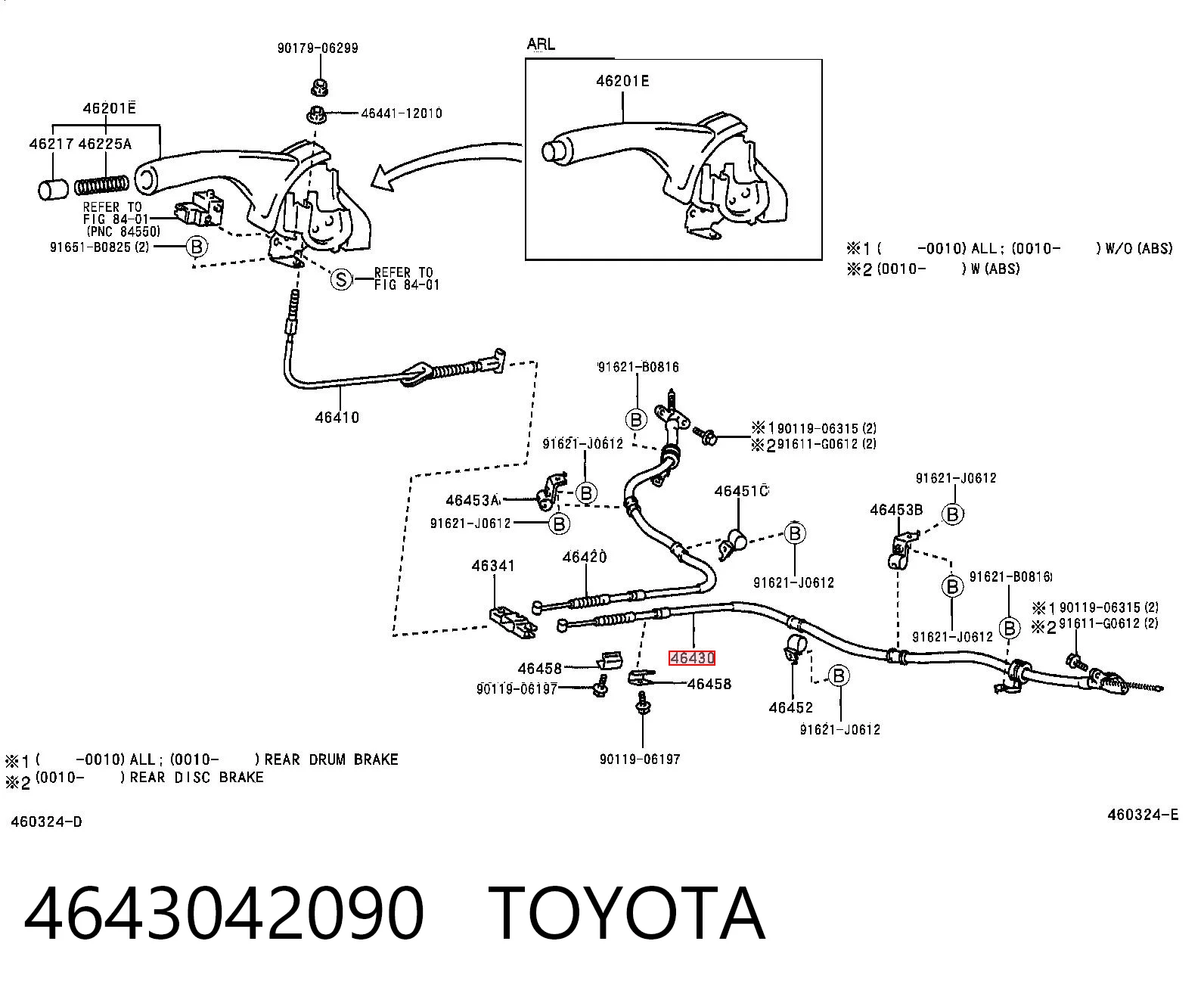 4643042090 Toyota Cable de freno de mano trasero izquierdo