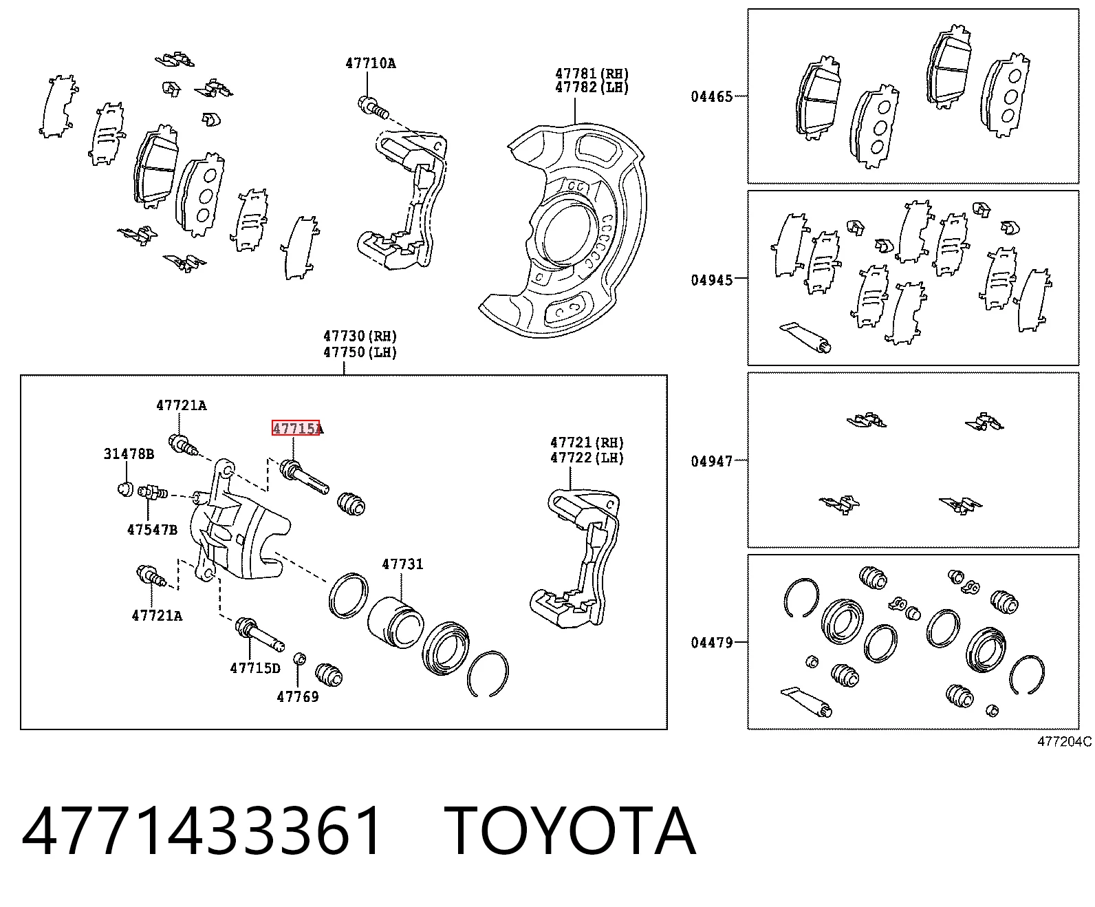 4771433361 Toyota Pasador guía superior de la pinza de freno delantera