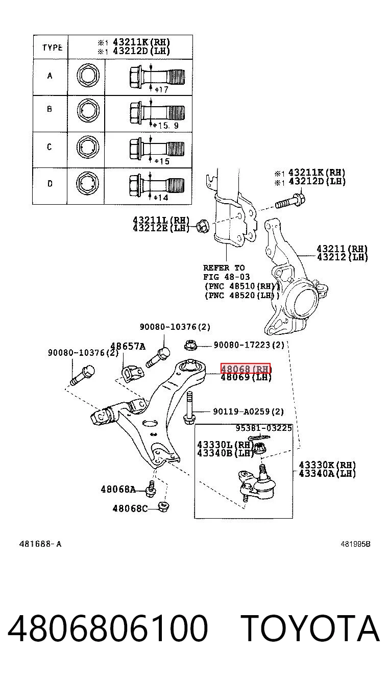 4806806100 Toyota Brazo inferior derecho de la suspensión delantera
