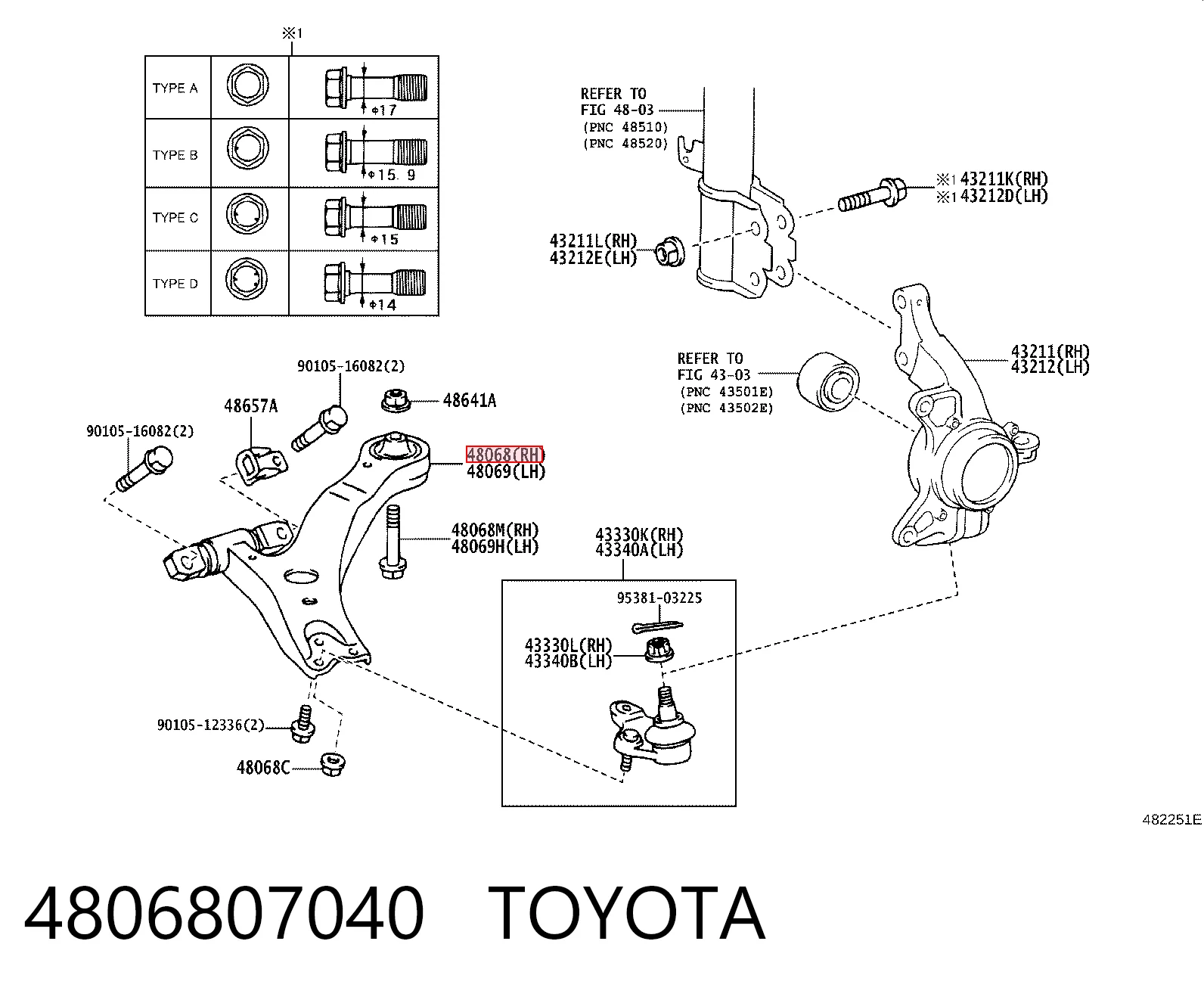 4806807040 Toyota Brazo inferior derecho de la suspensión delantera