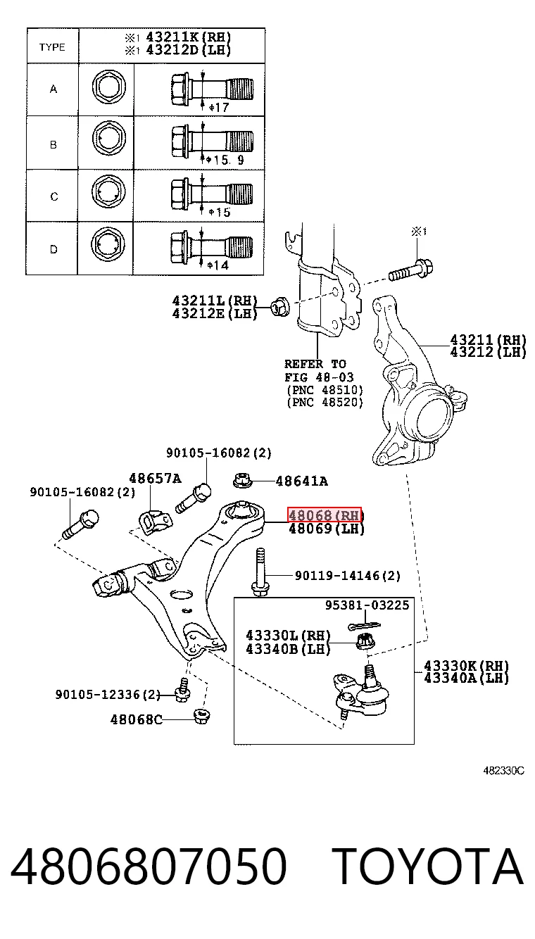 4806807050 Toyota Brazo inferior derecho de la suspensión delantera