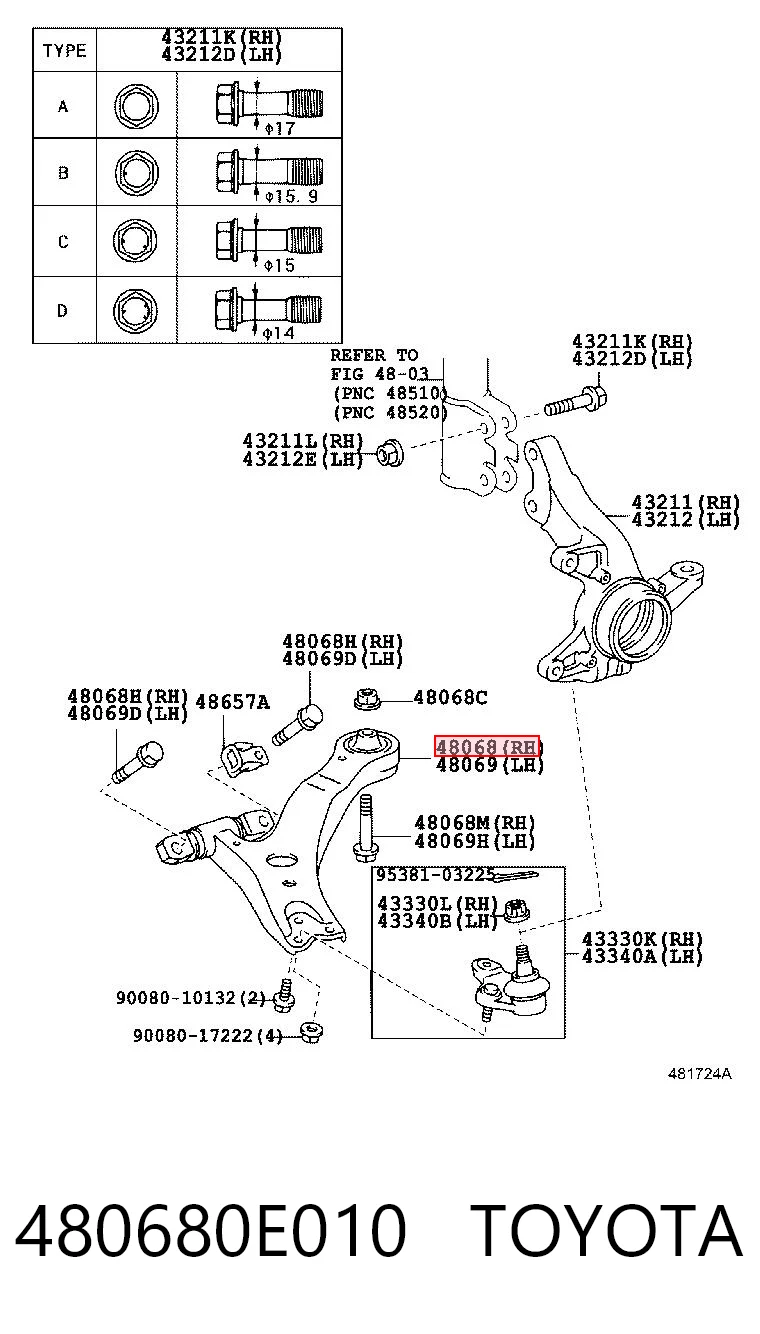 480680E010 Toyota Brazo inferior derecho de la suspensión delantera