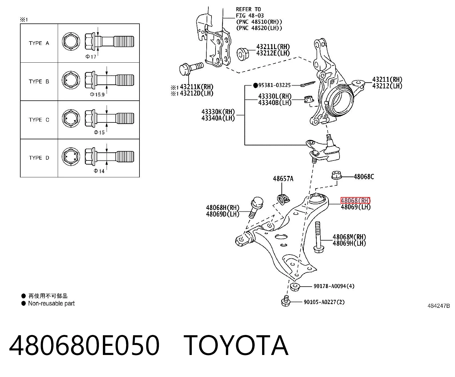 480680E050 Toyota Brazo inferior derecho de la suspensión delantera