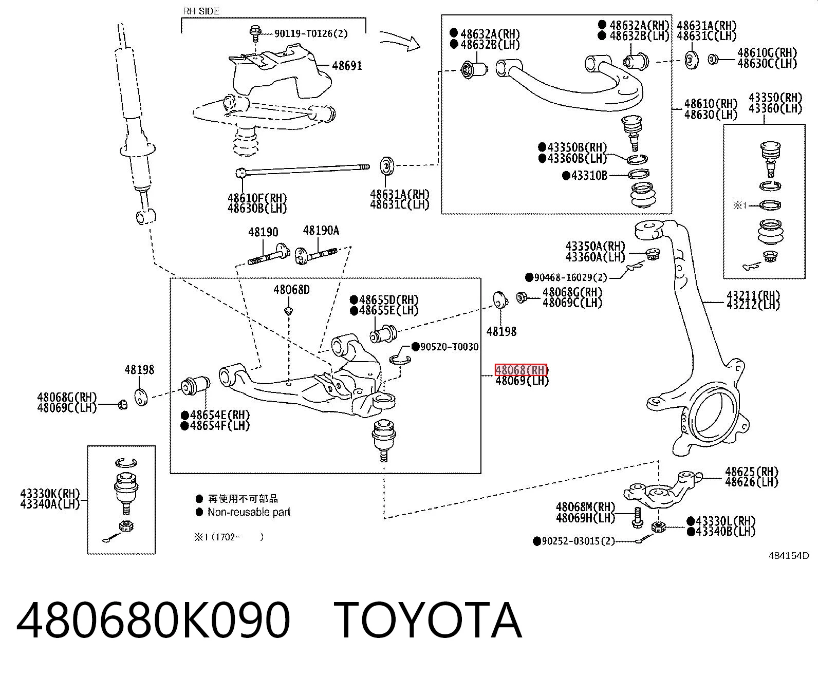 480680K090 Toyota Brazo inferior derecho de la suspensión delantera
