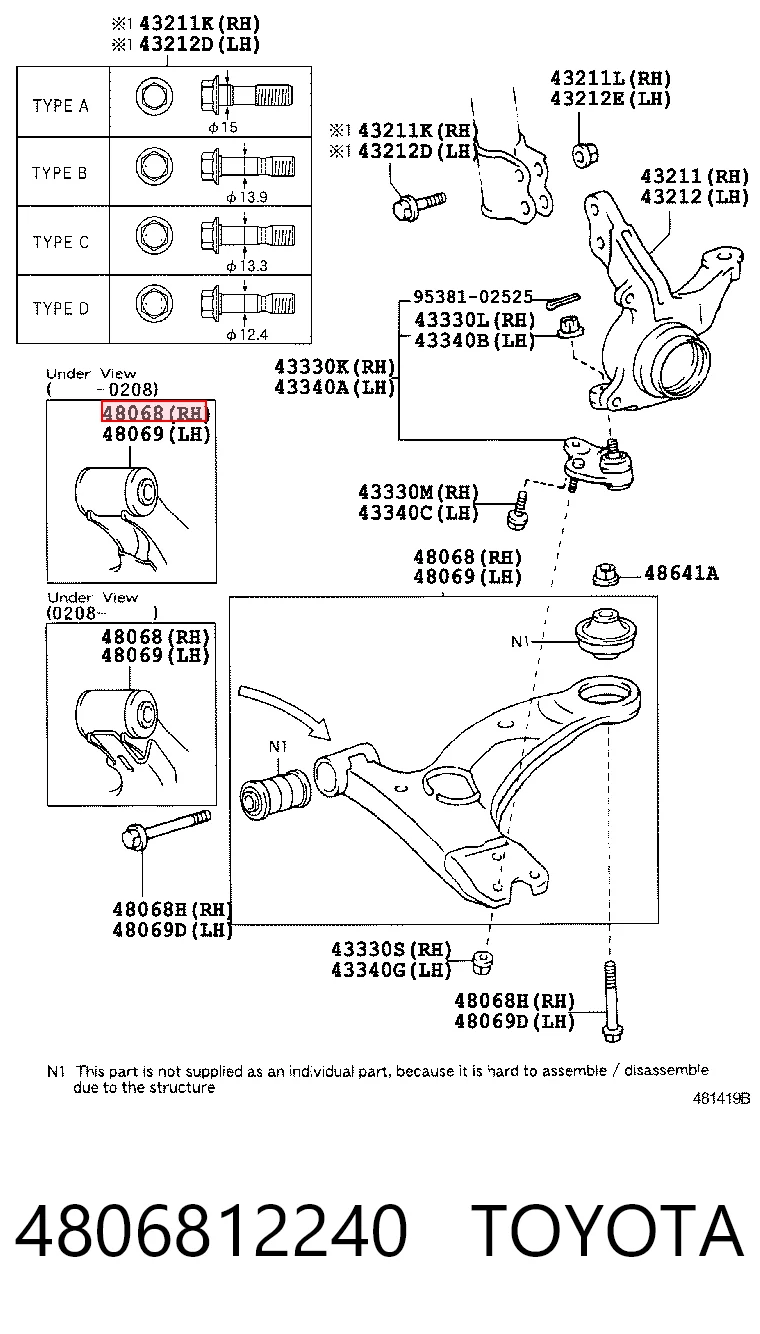 4806812240 Toyota Brazo inferior derecho de la suspensión delantera