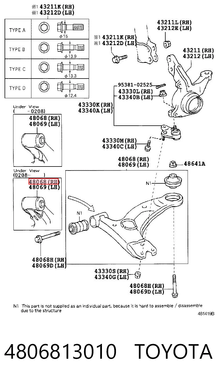 4806813010 Toyota Brazo inferior derecho de la suspensión delantera