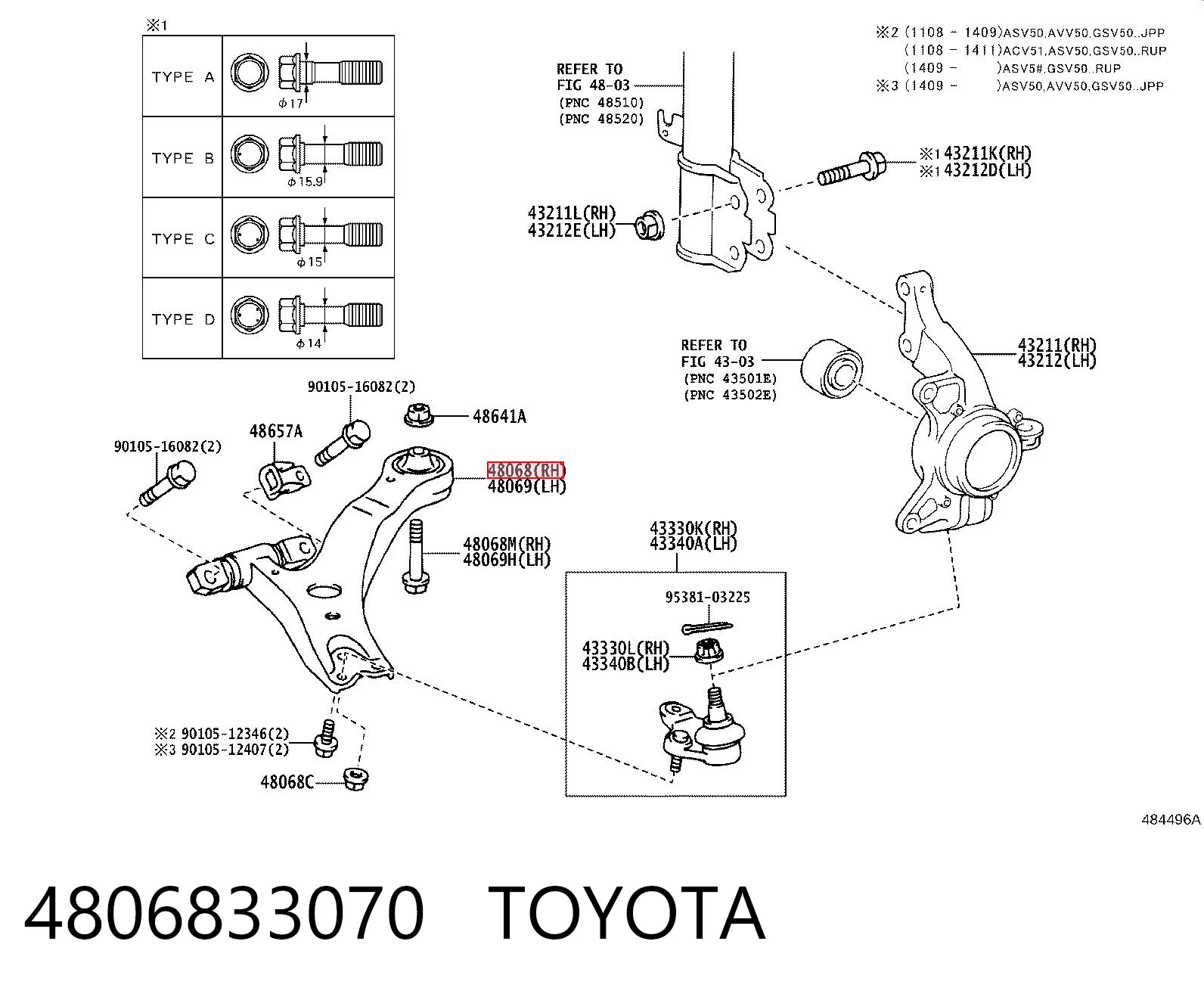 4806833070 Toyota Brazo inferior derecho de la suspensión delantera