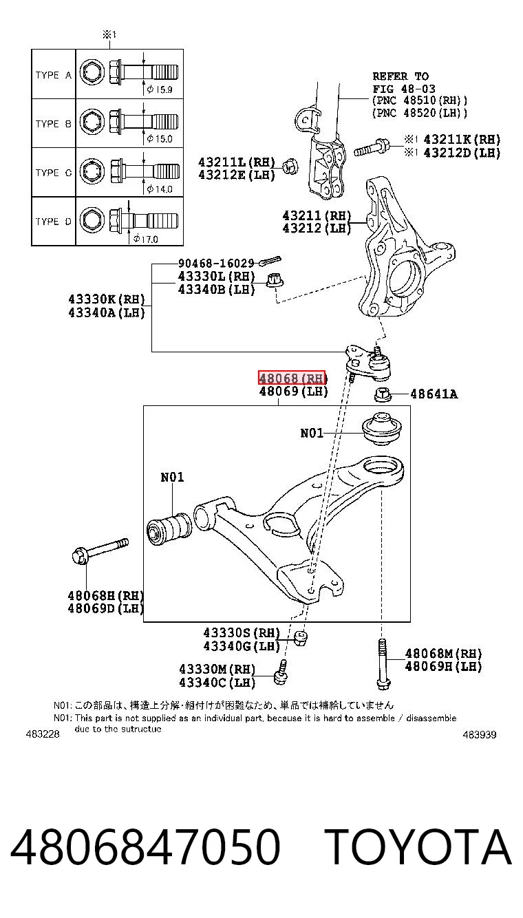 4806847050 Toyota Brazo inferior derecho de la suspensión delantera
