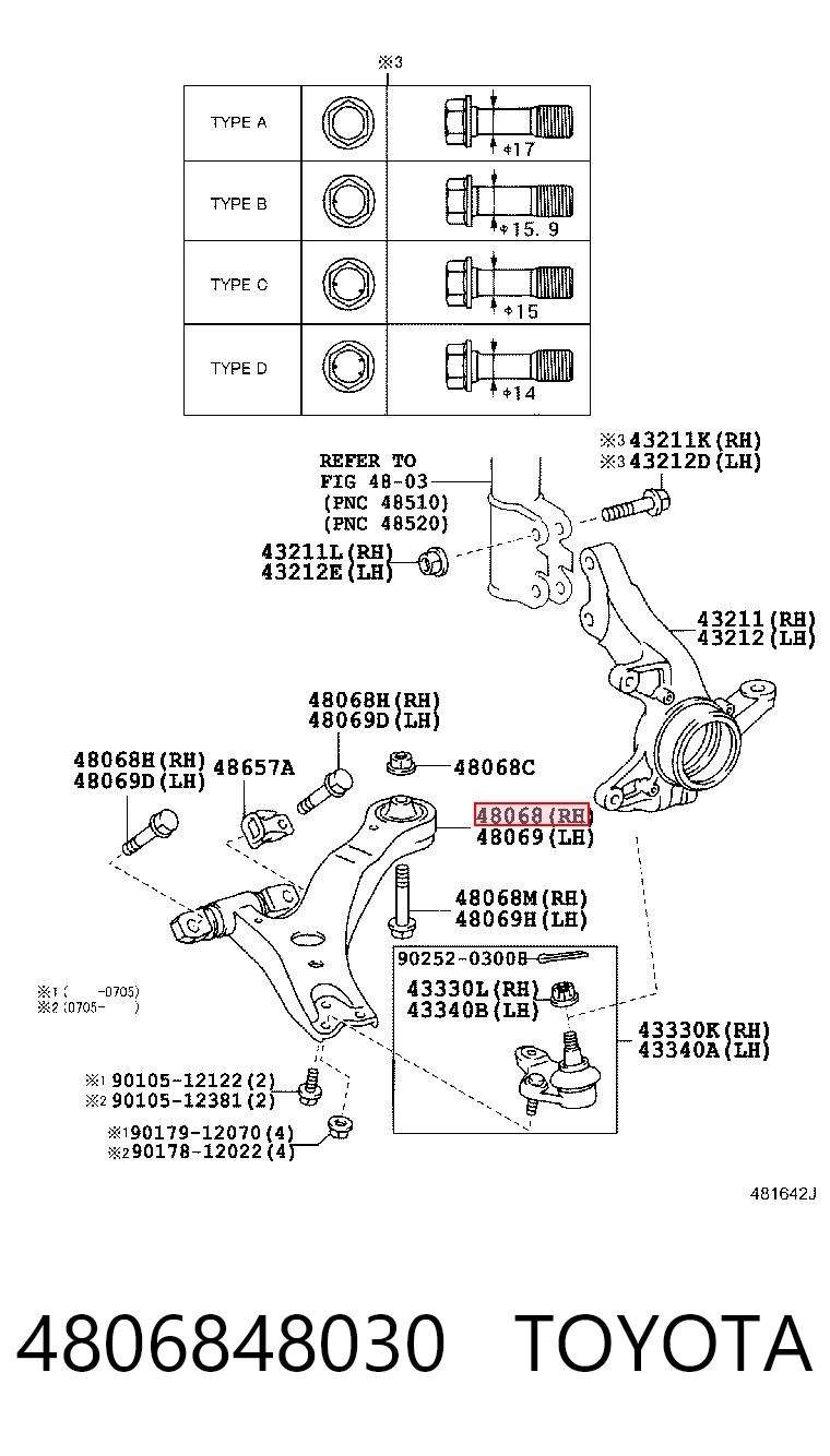 4806848030 Toyota Brazo inferior derecho de la suspensión delantera