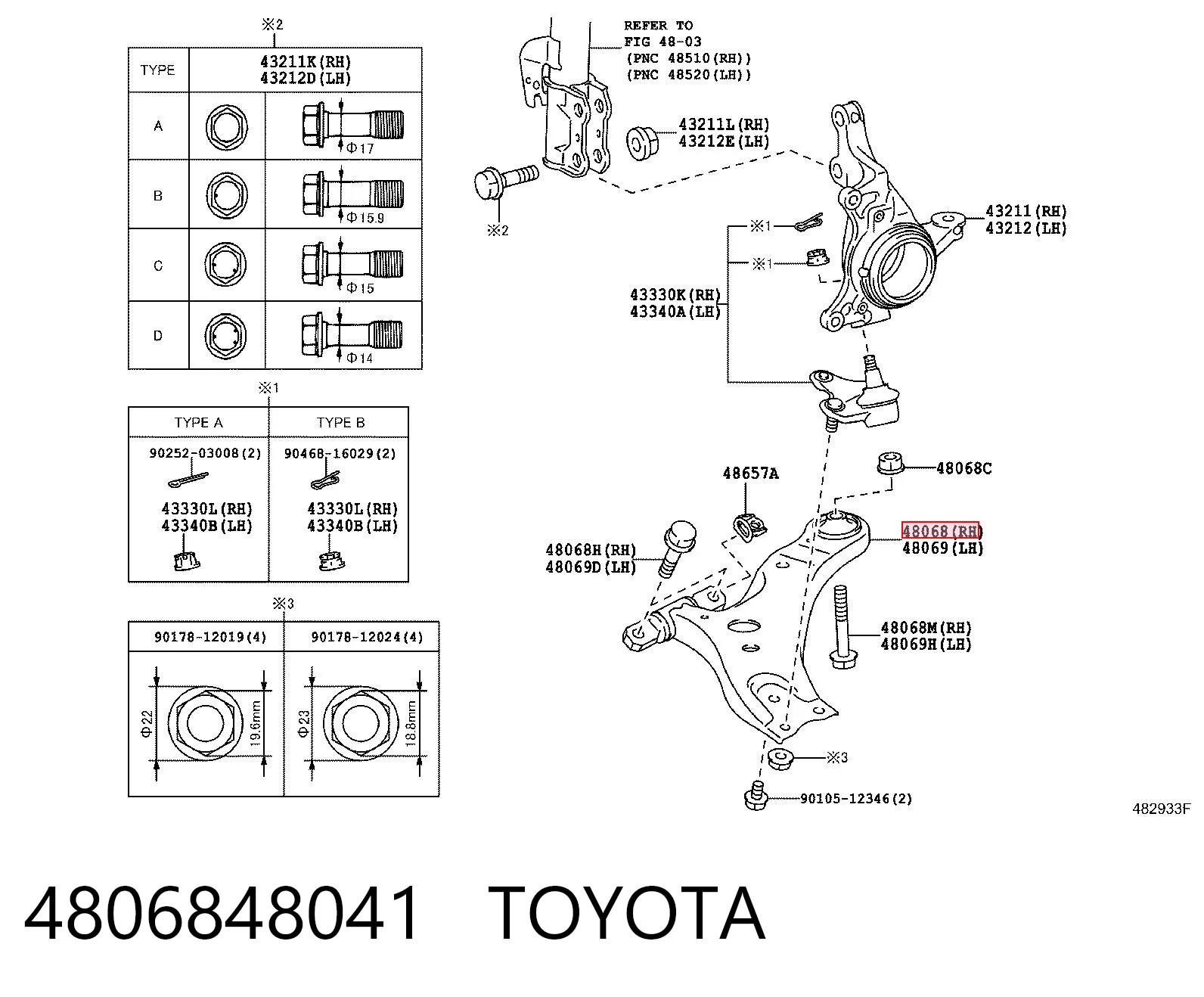 4806848041 Toyota Brazo inferior derecho de la suspensión delantera