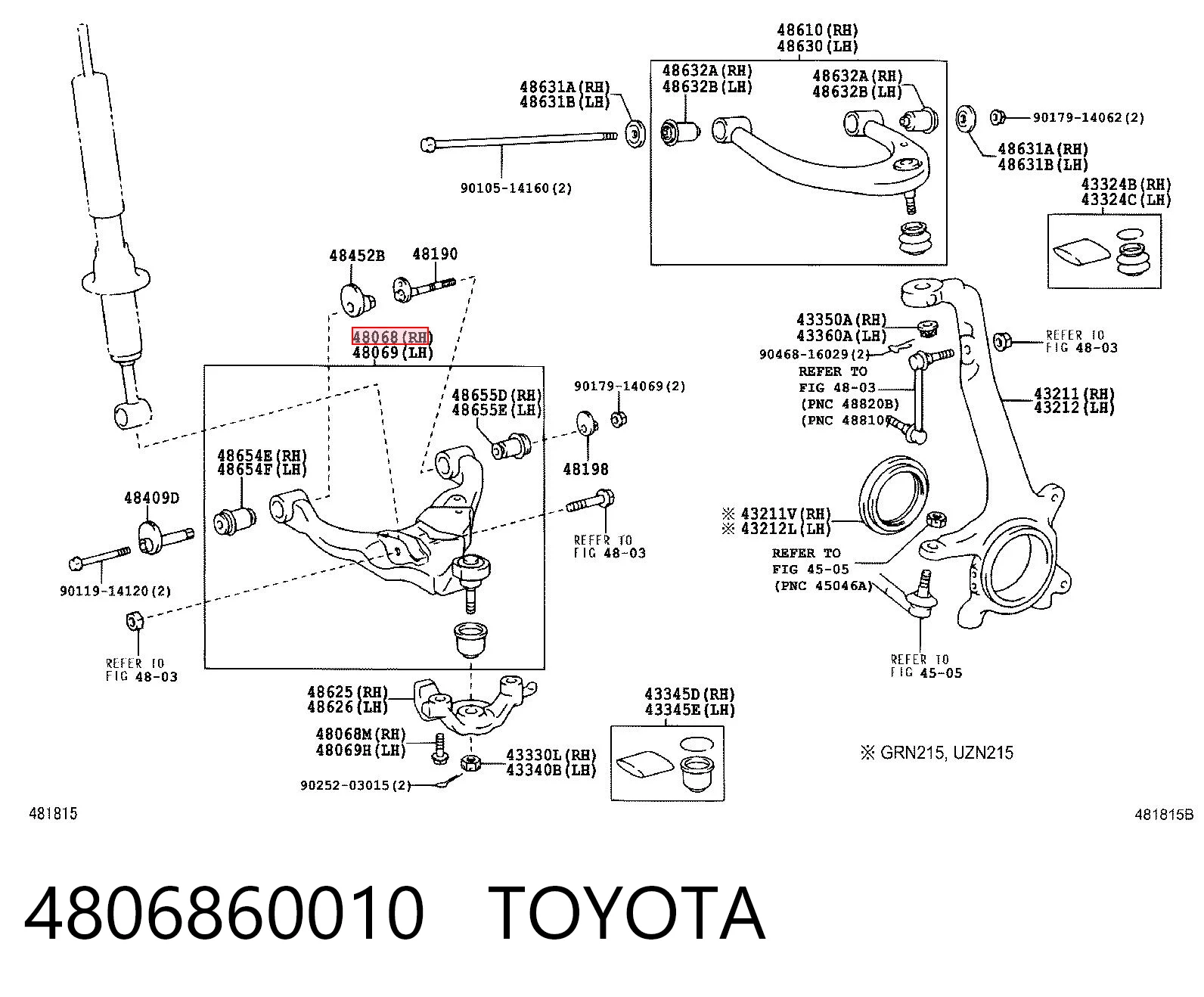 4806860010 Toyota Brazo inferior derecho de la suspensión delantera