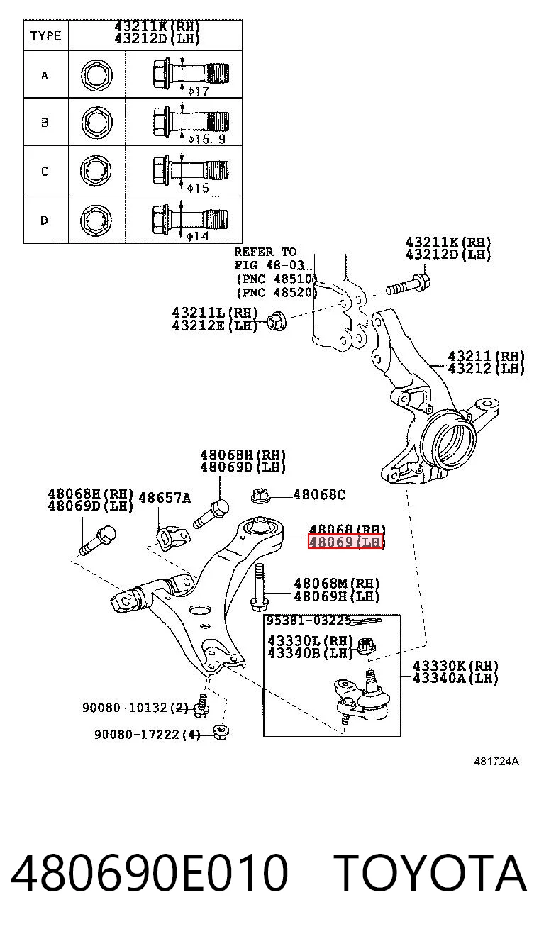 480690E010 Toyota Brazo inferior izquierdo de la suspensión delantera