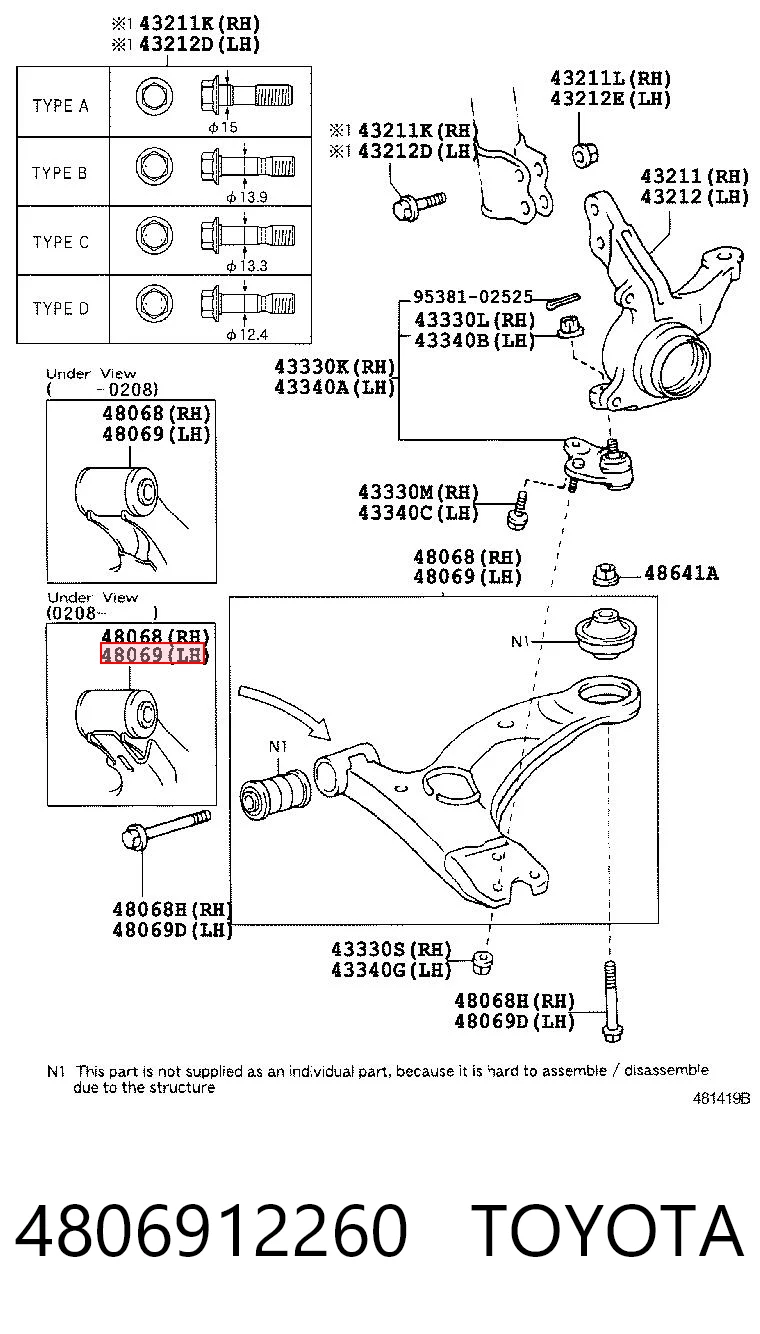 4806912260 Toyota Brazo inferior izquierdo de la suspensión delantera