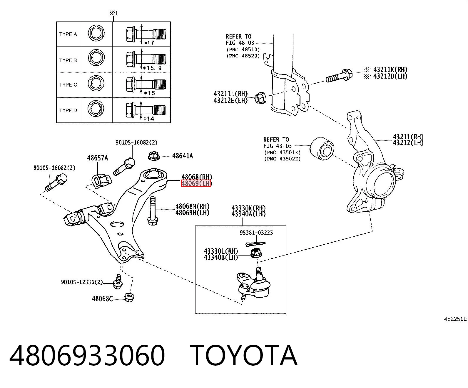4806933060 Toyota Brazo inferior izquierdo de la suspensión delantera