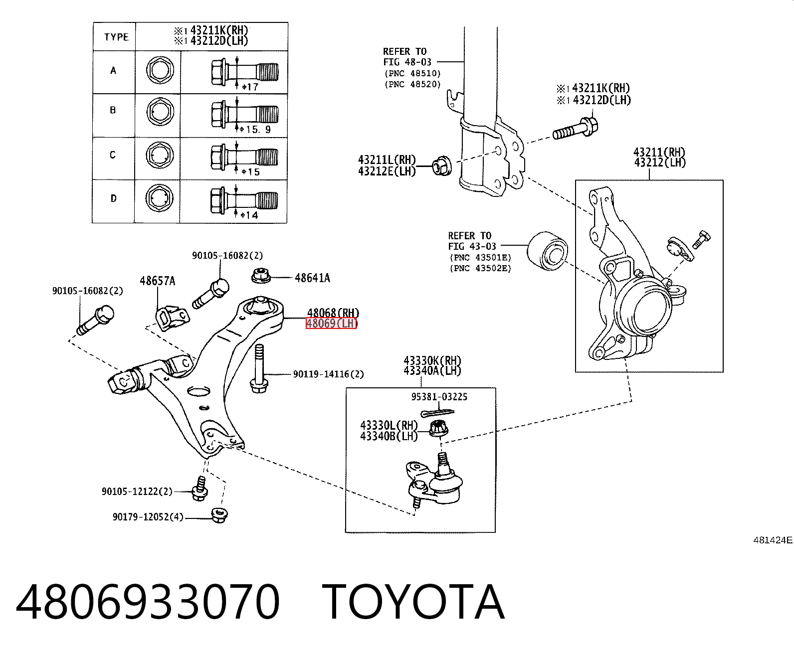 Brazo inferior izquierdo de la suspensión delantera Toyota 4806933070 precio, desde 55,98 EUR