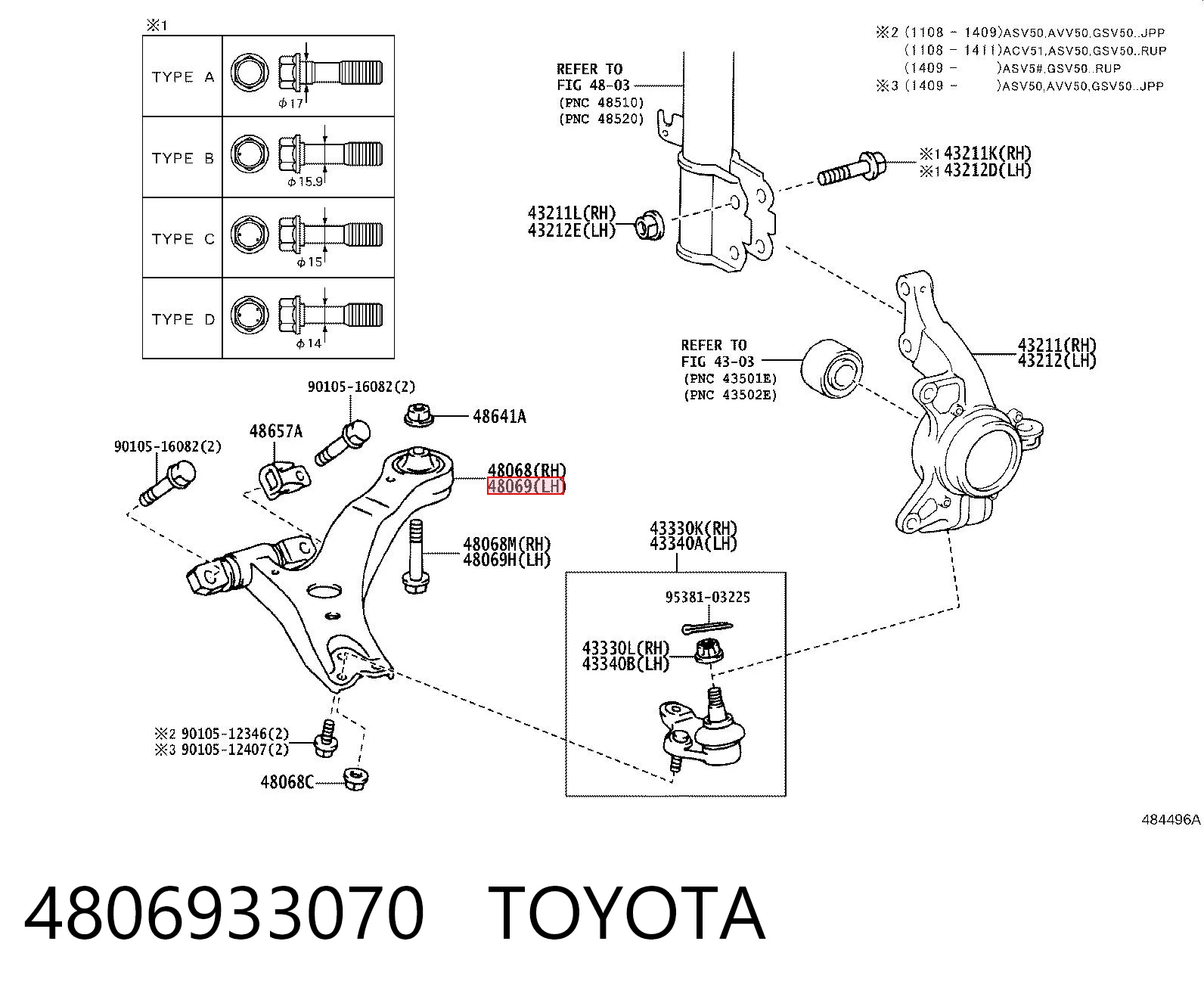 4806933070 Toyota Brazo inferior izquierdo de la suspensión delantera