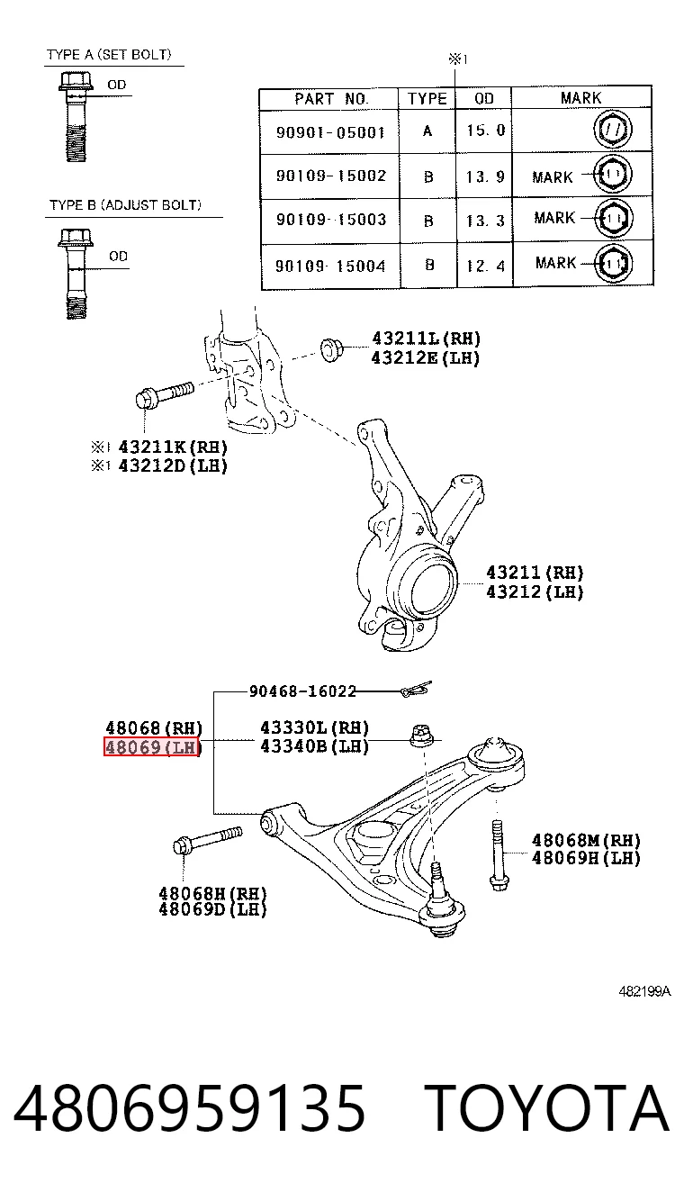 4806959135 Toyota Brazo inferior izquierdo de la suspensión delantera