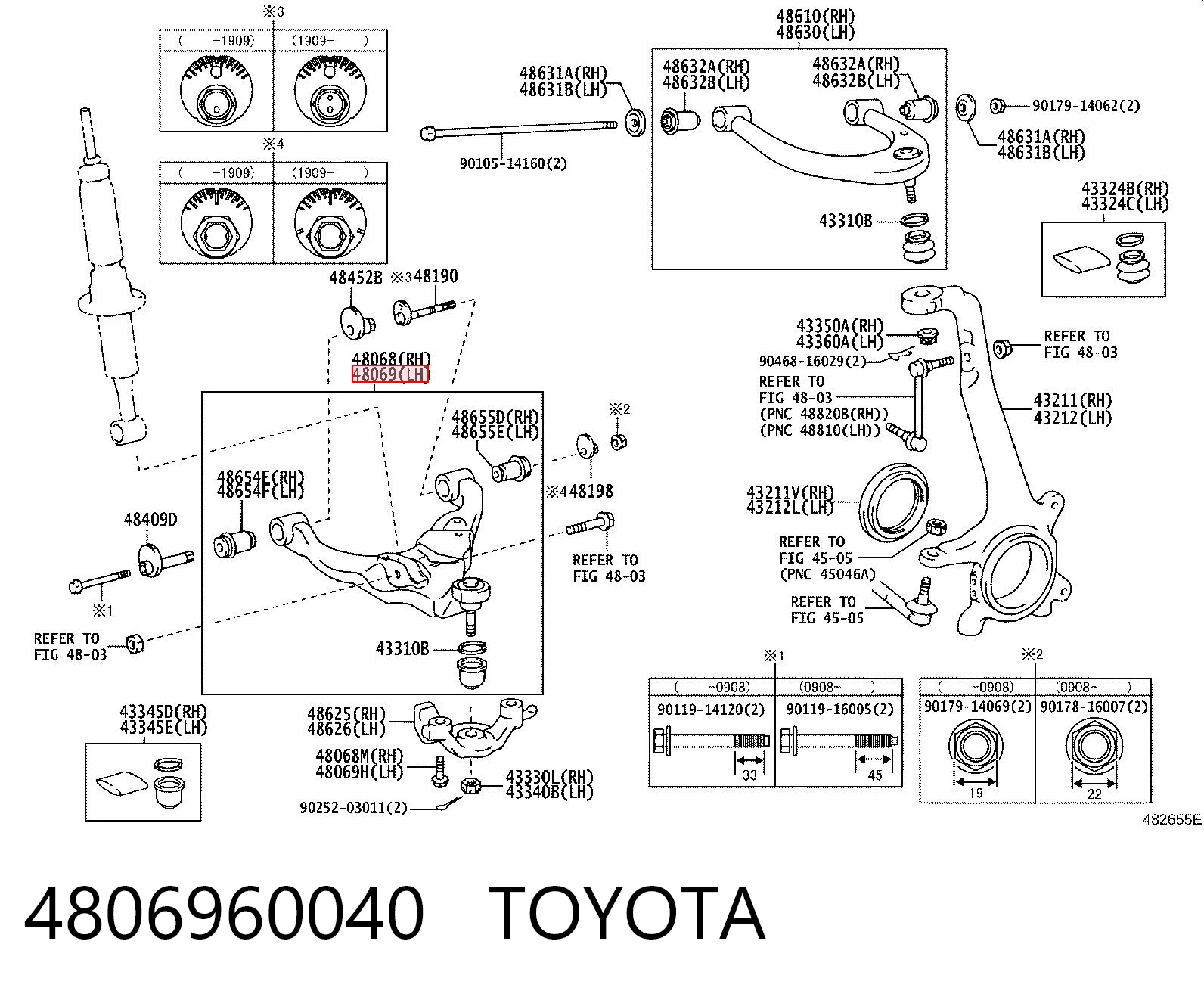 4806960040 Toyota Brazo inferior izquierdo de la suspensión delantera