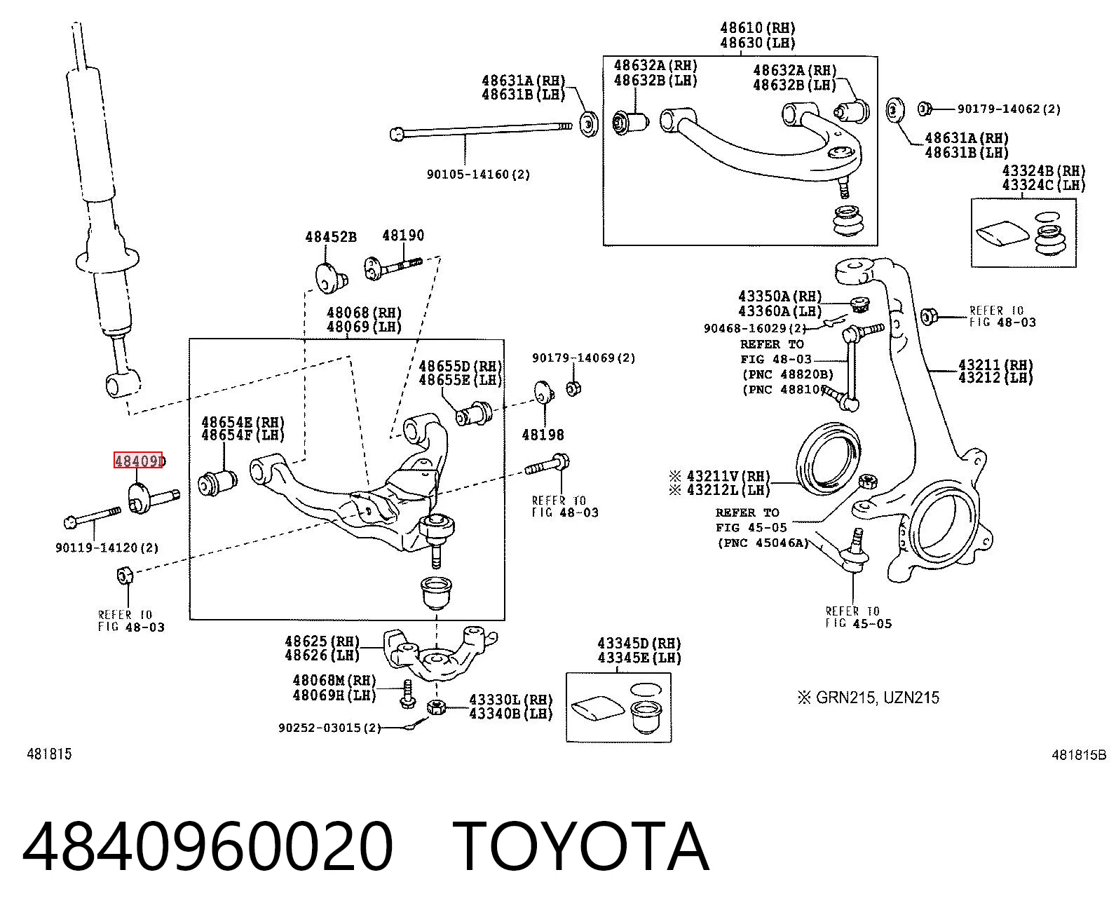 4840960020 Toyota Perno de fijación del brazo inferior delantero