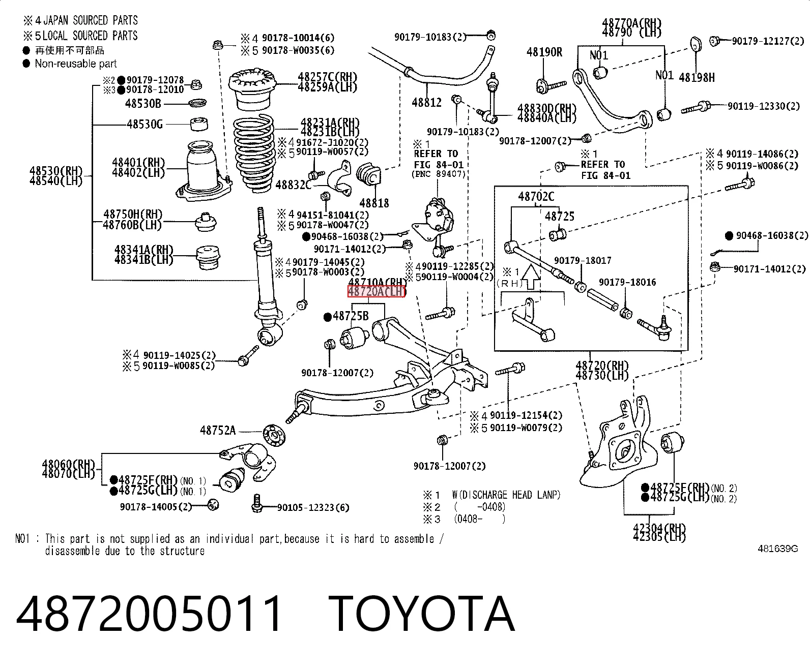 4872005011 Toyota Brazo inferior izquierdo de la suspensión trasera