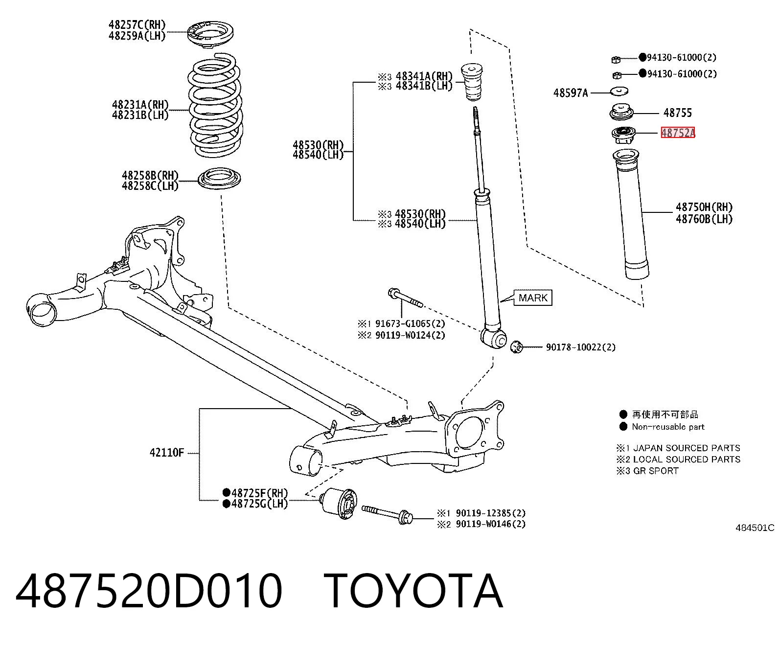 487520D010 Toyota Buje de vástago de amortiguador trasero