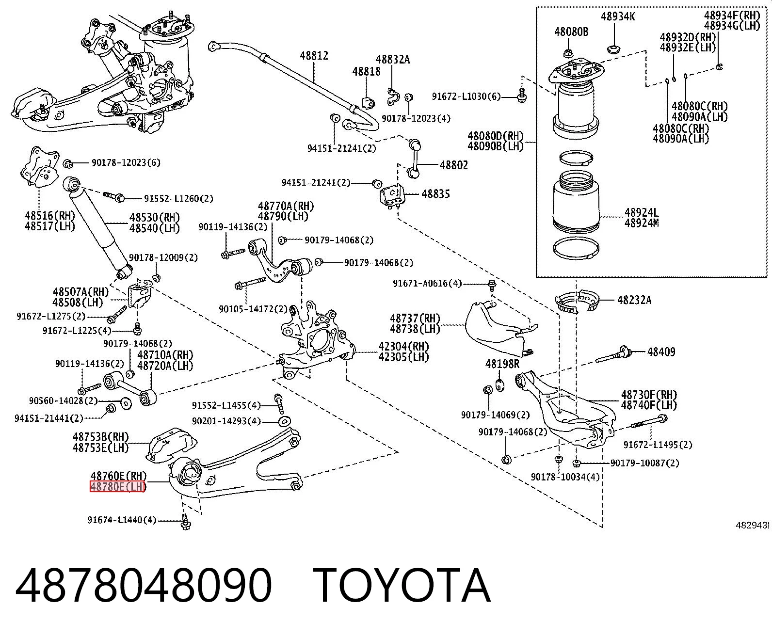 4878048090 Toyota Brazo longitudinal inferior izquierdo de la suspensión trasera