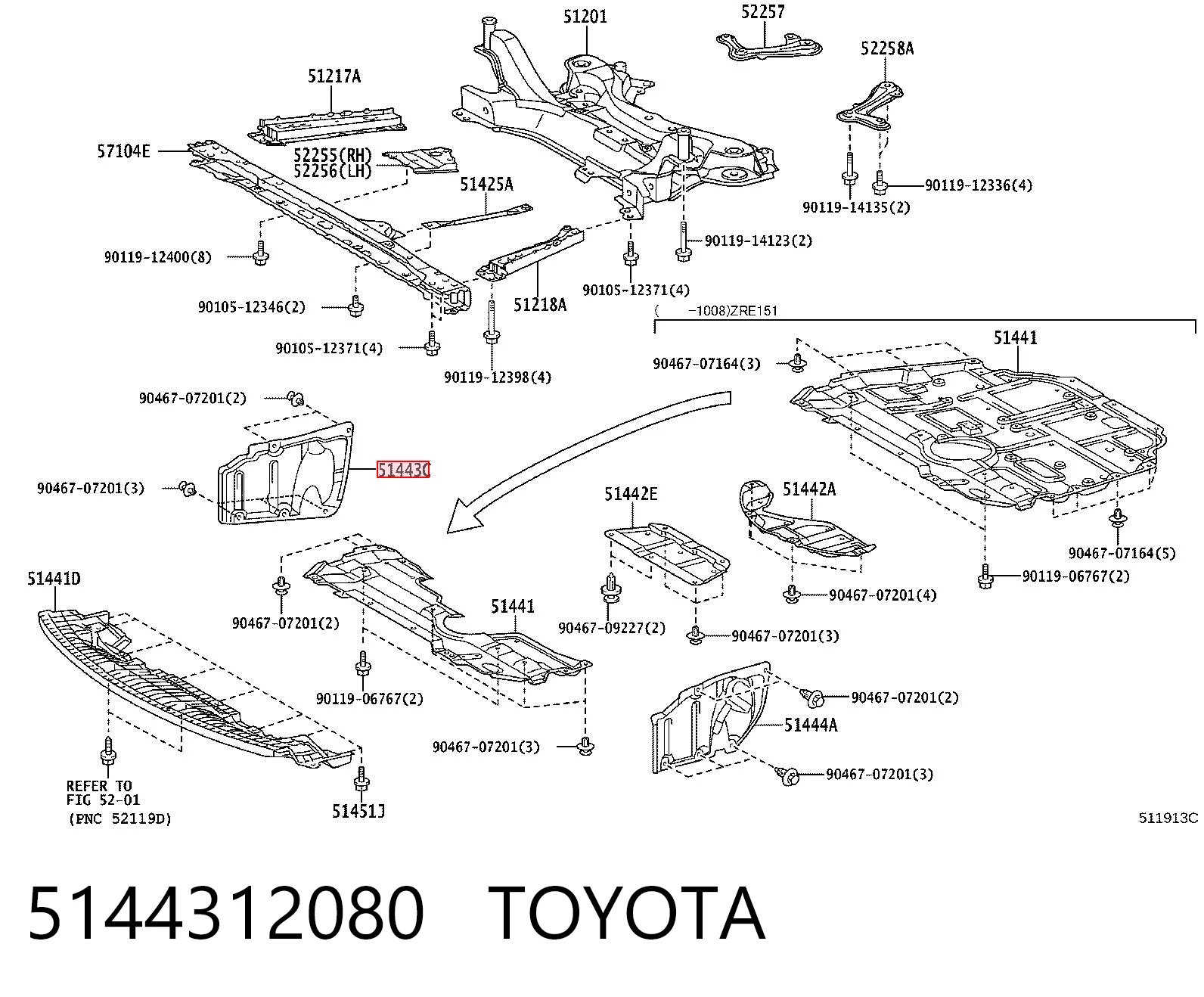 5144312080 Toyota Protección derecha del motor