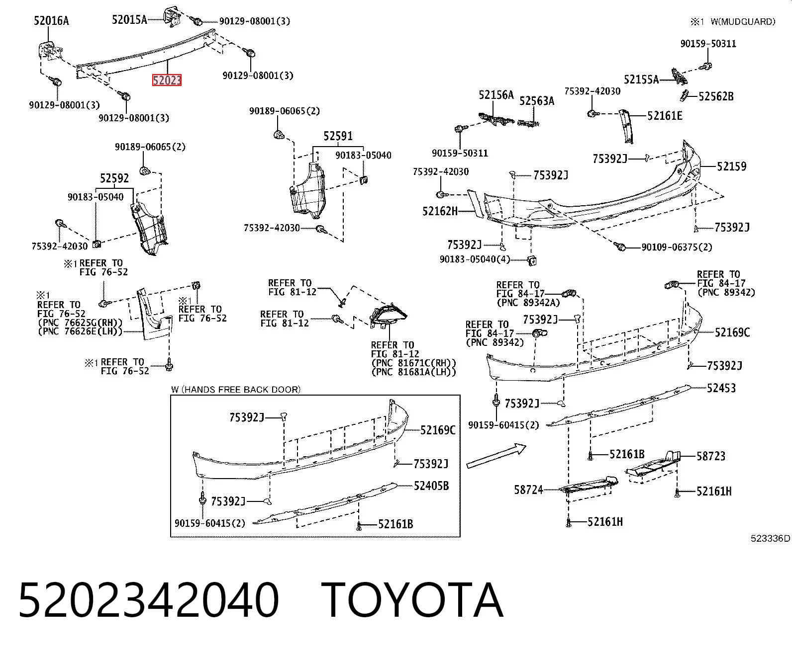 5202342040 Toyota Refuerzo de parachoques trasero