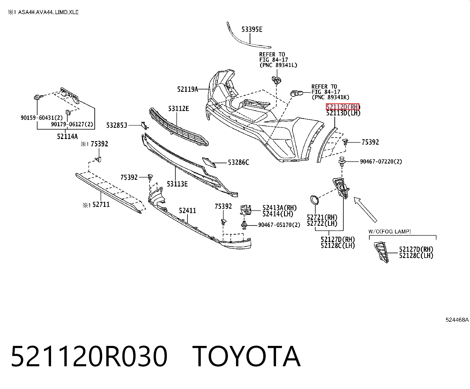 521120R030 Toyota Moldura derecha del parachoques delantero