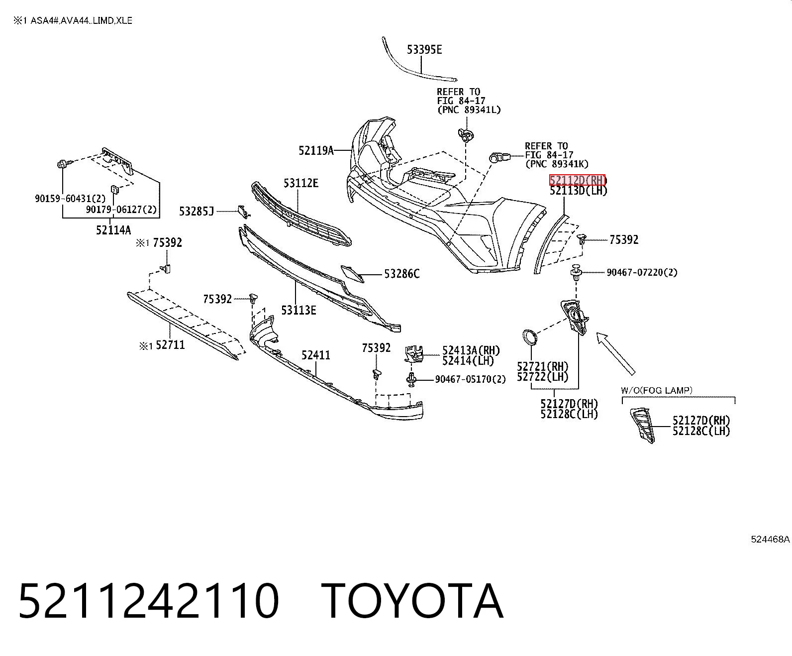 5211242110 Toyota Moldura derecha del parachoques delantero