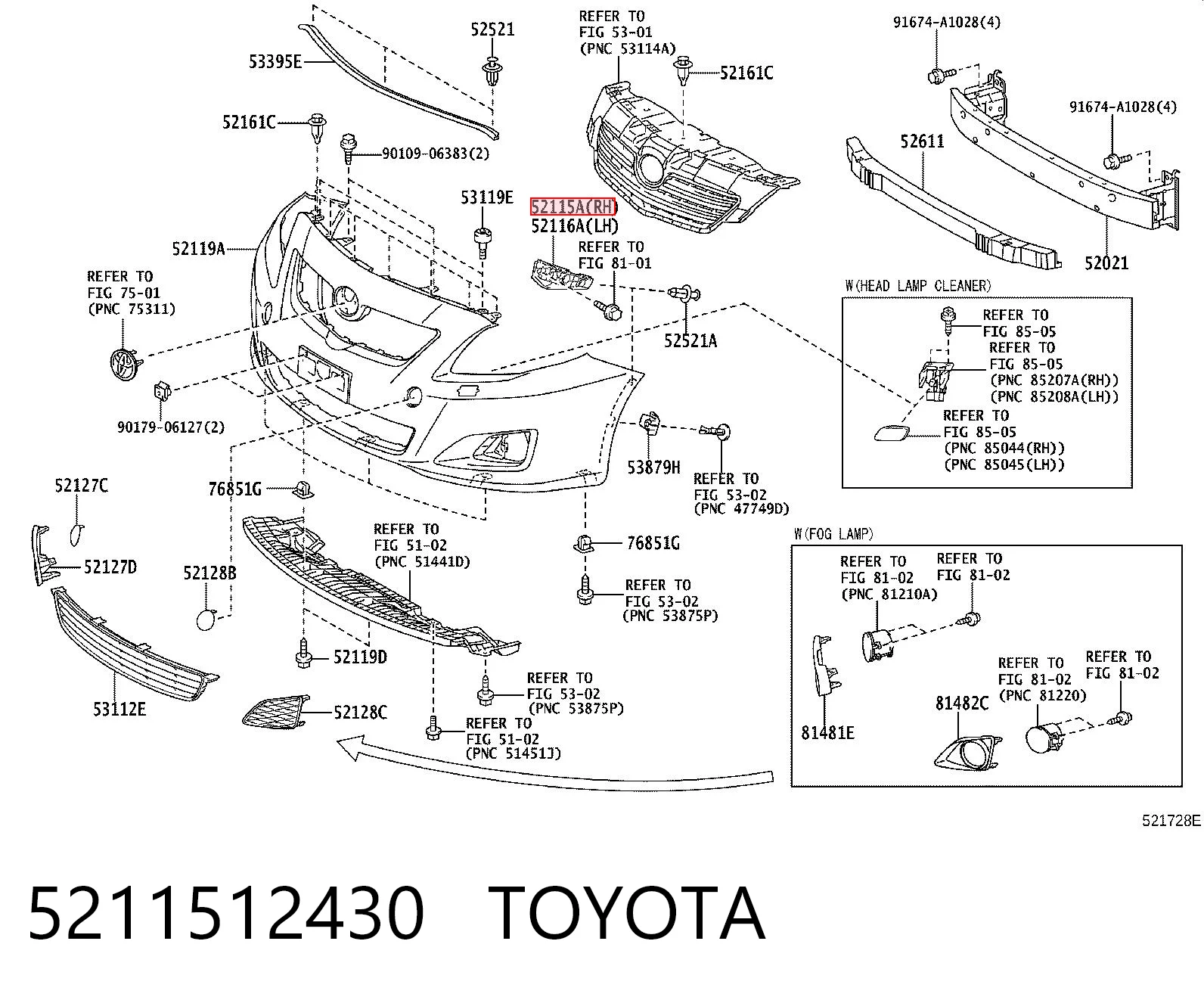 5211512430 Toyota Soporte de parachoques delantero derecho