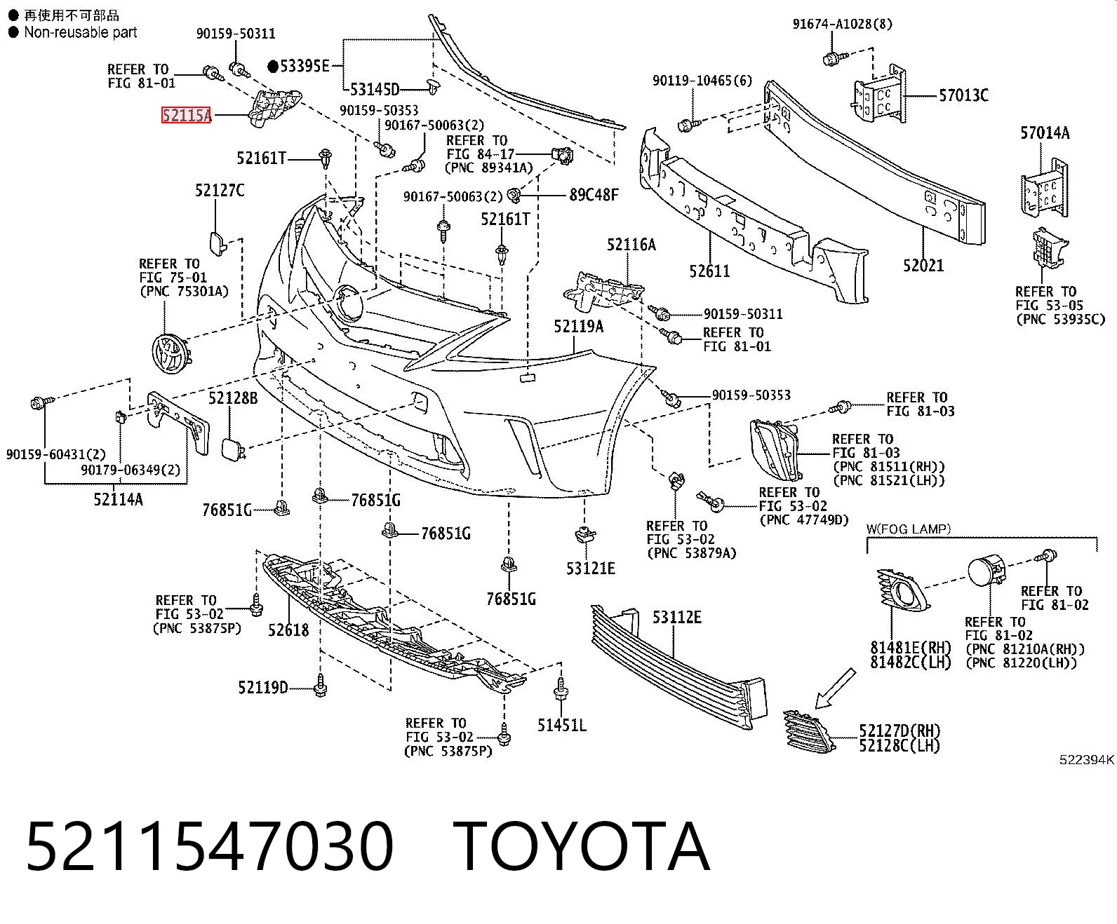 5211547030 Toyota Soporte de parachoques delantero derecho