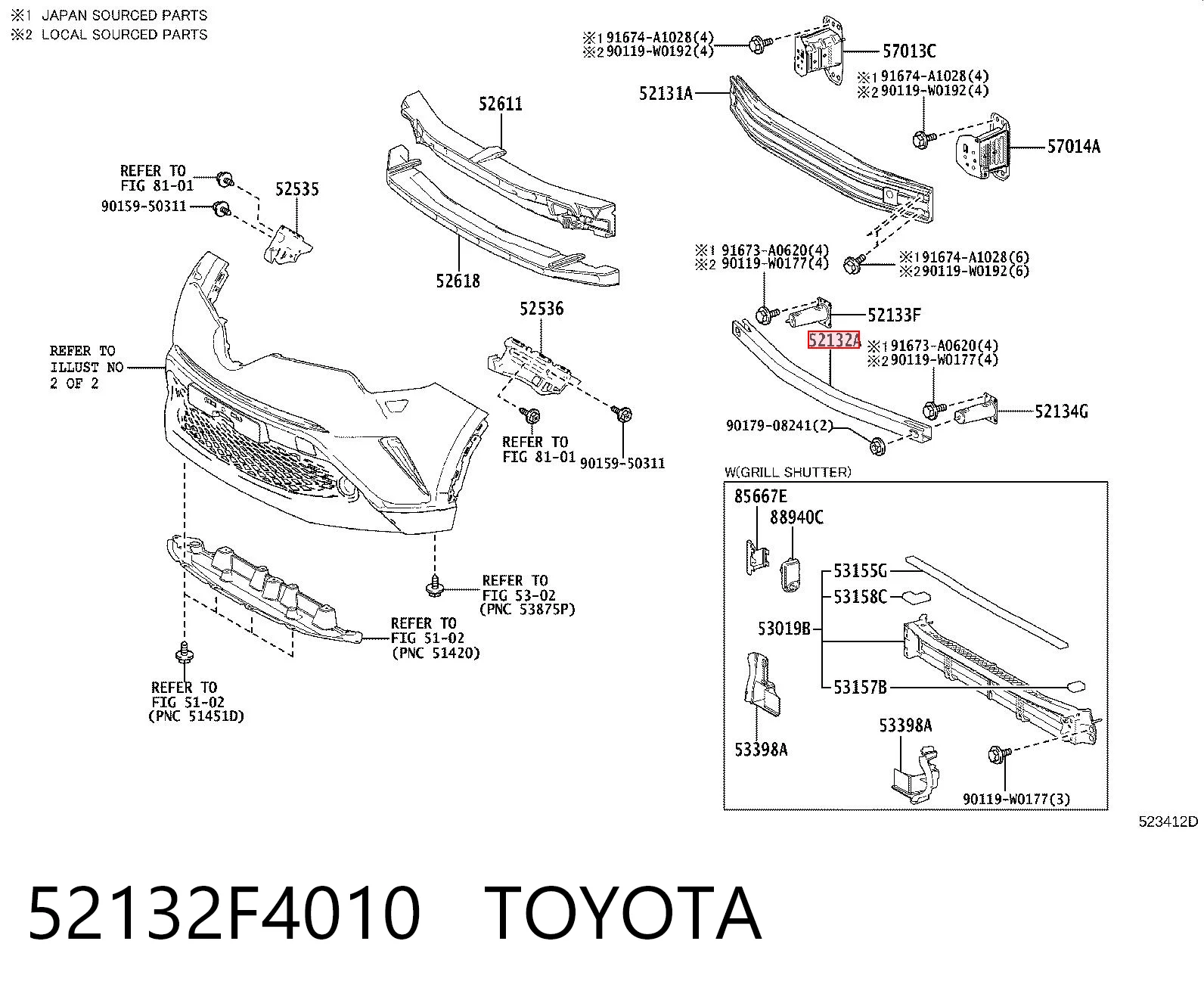 52132F4010 Toyota Refuerzo parachoque delantero