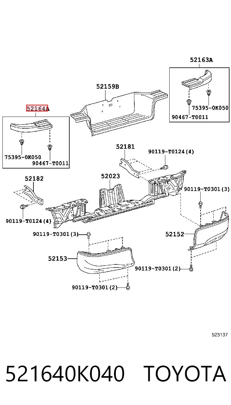 521640K040 Toyota Moldura izquierda del parachoques trasero
