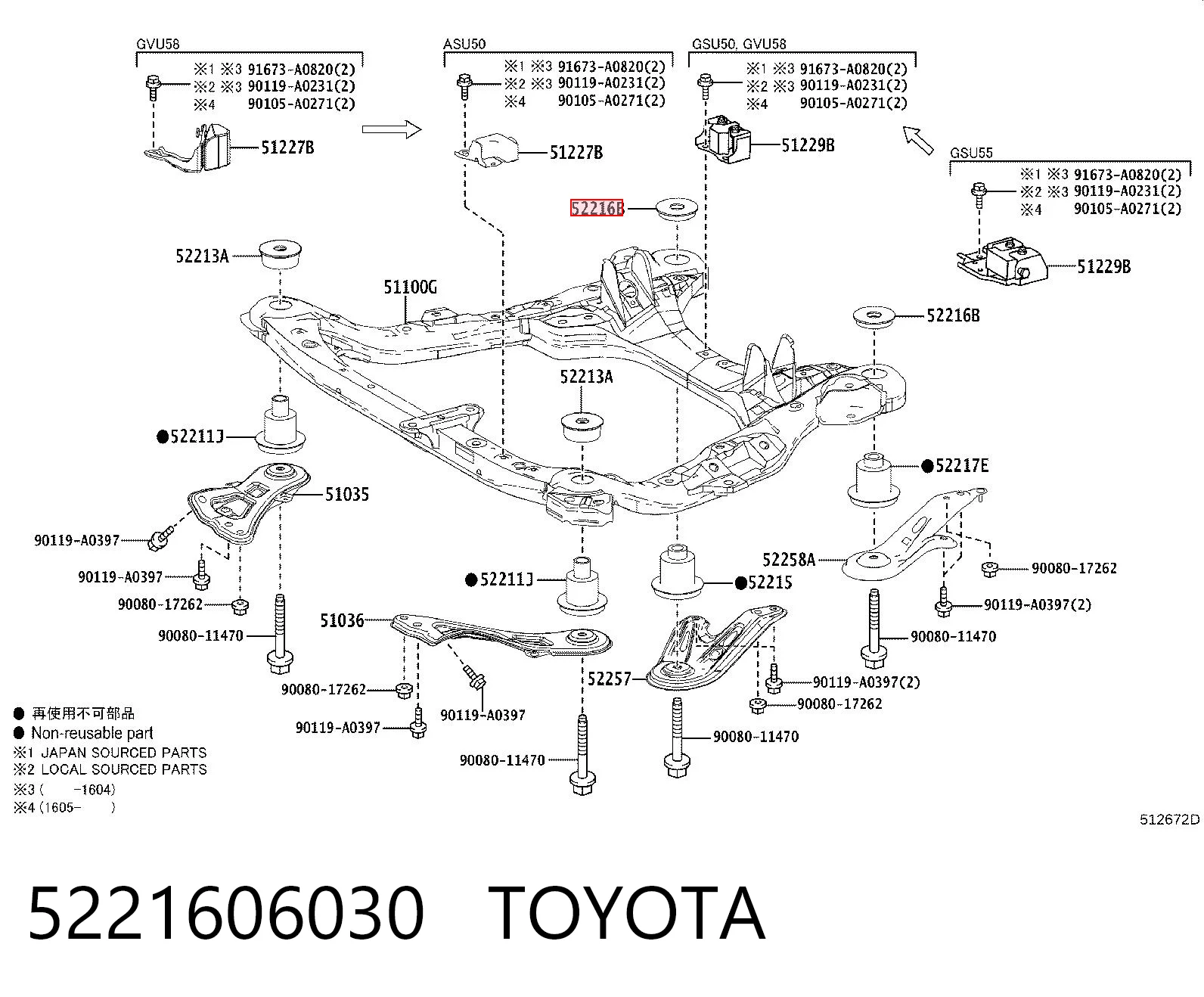 5221606030 Toyota Buje silencioso del subchasis delantero