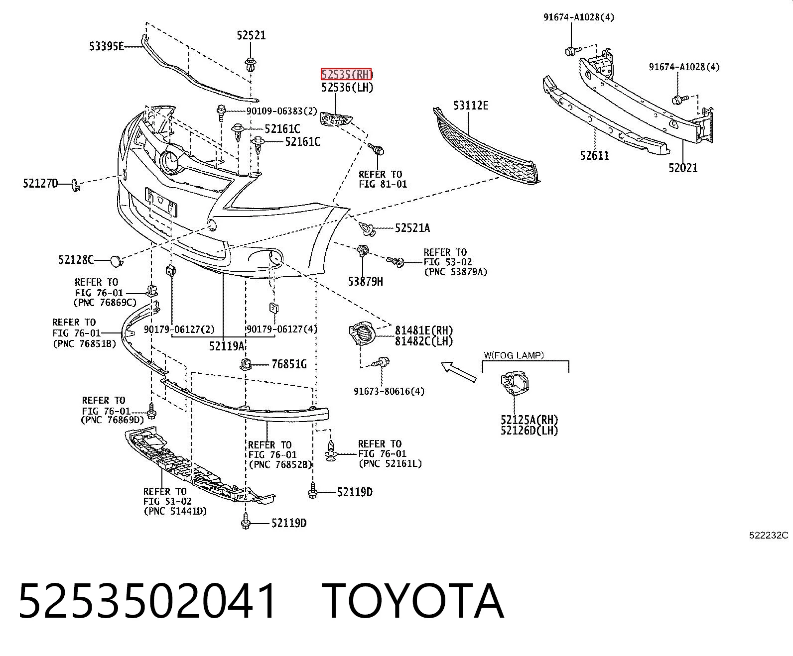 5253502041 Toyota Soporte de parachoques delantero derecho