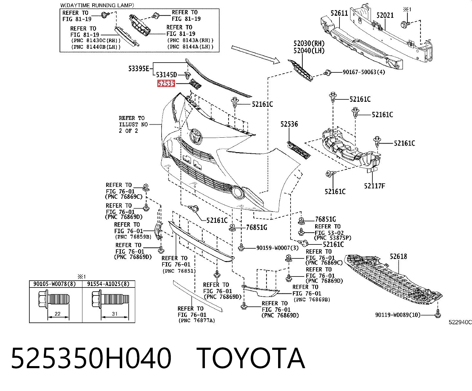 525350H040 Toyota Soporte de parachoques delantero derecho