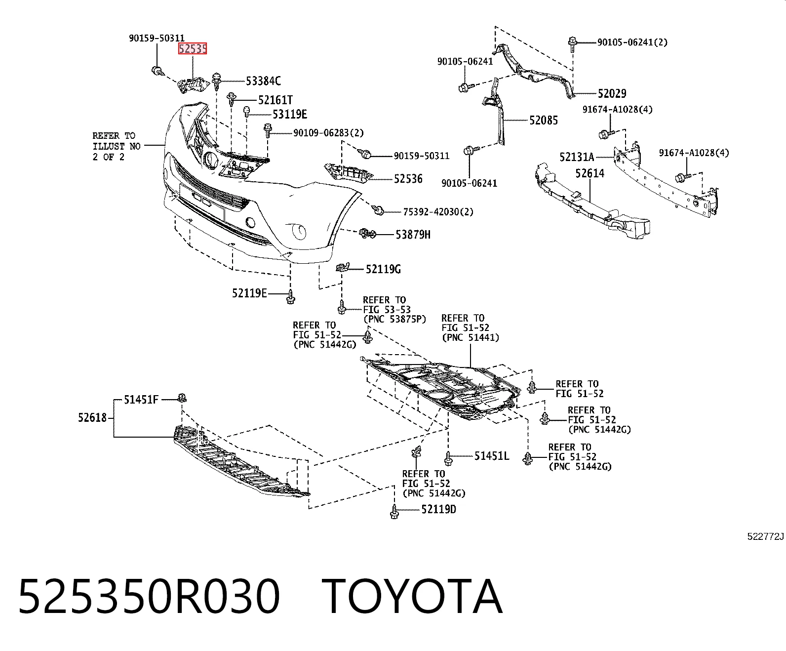 525350R030 Toyota Soporte exterior derecho del parachoques delantero