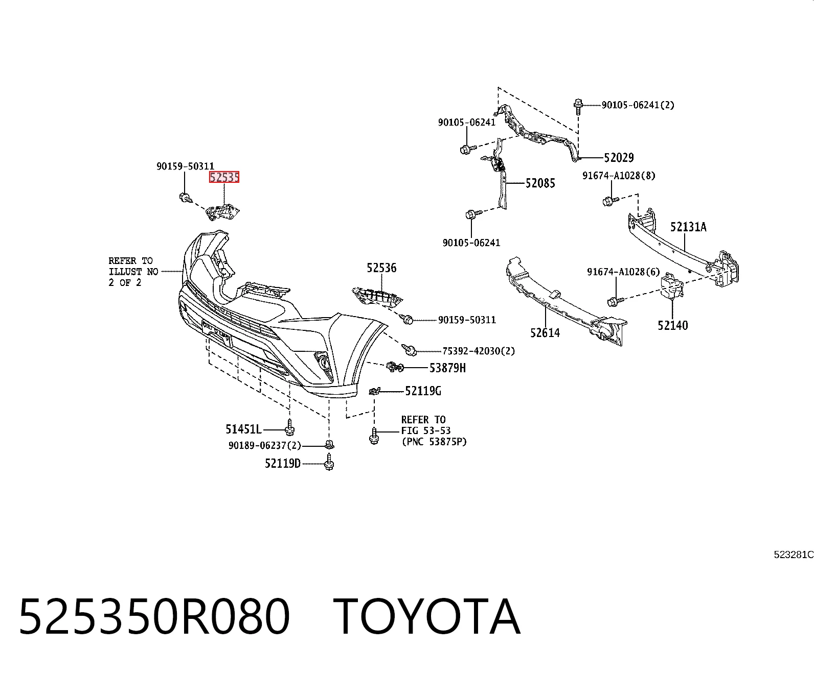 525350R080 Toyota Soporte de parachoques delantero derecho