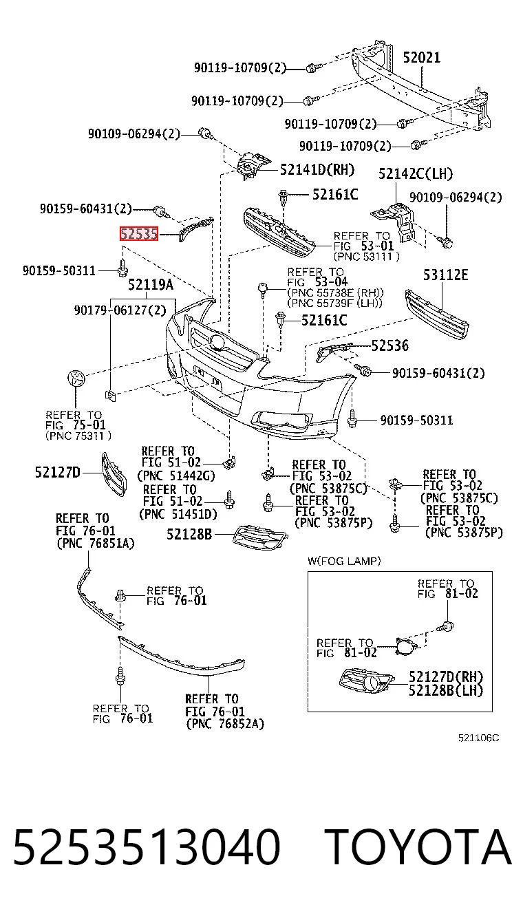 5253513040 Toyota Guía derecha del parachoques trasero