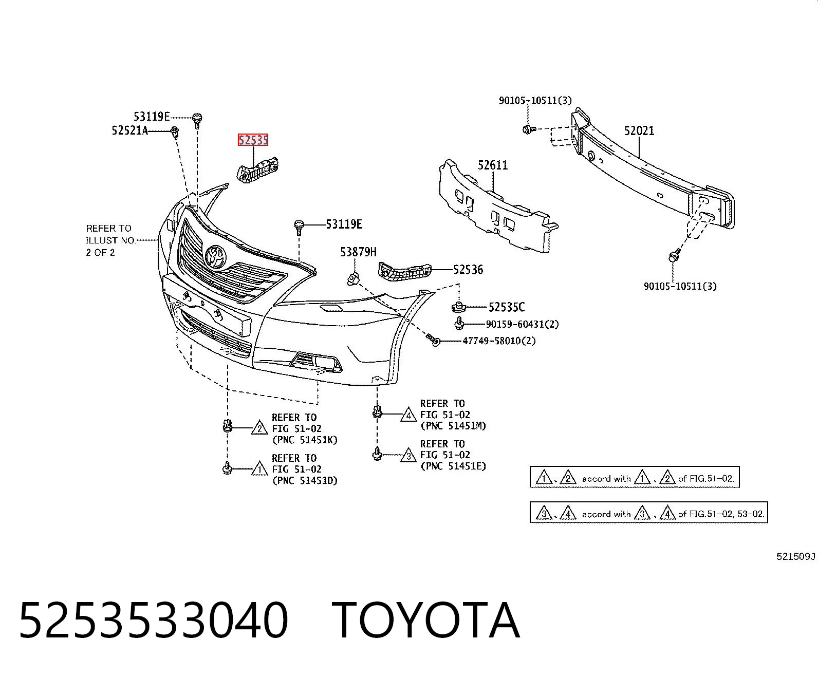 5253533040 Toyota Soporte exterior derecho del parachoques delantero