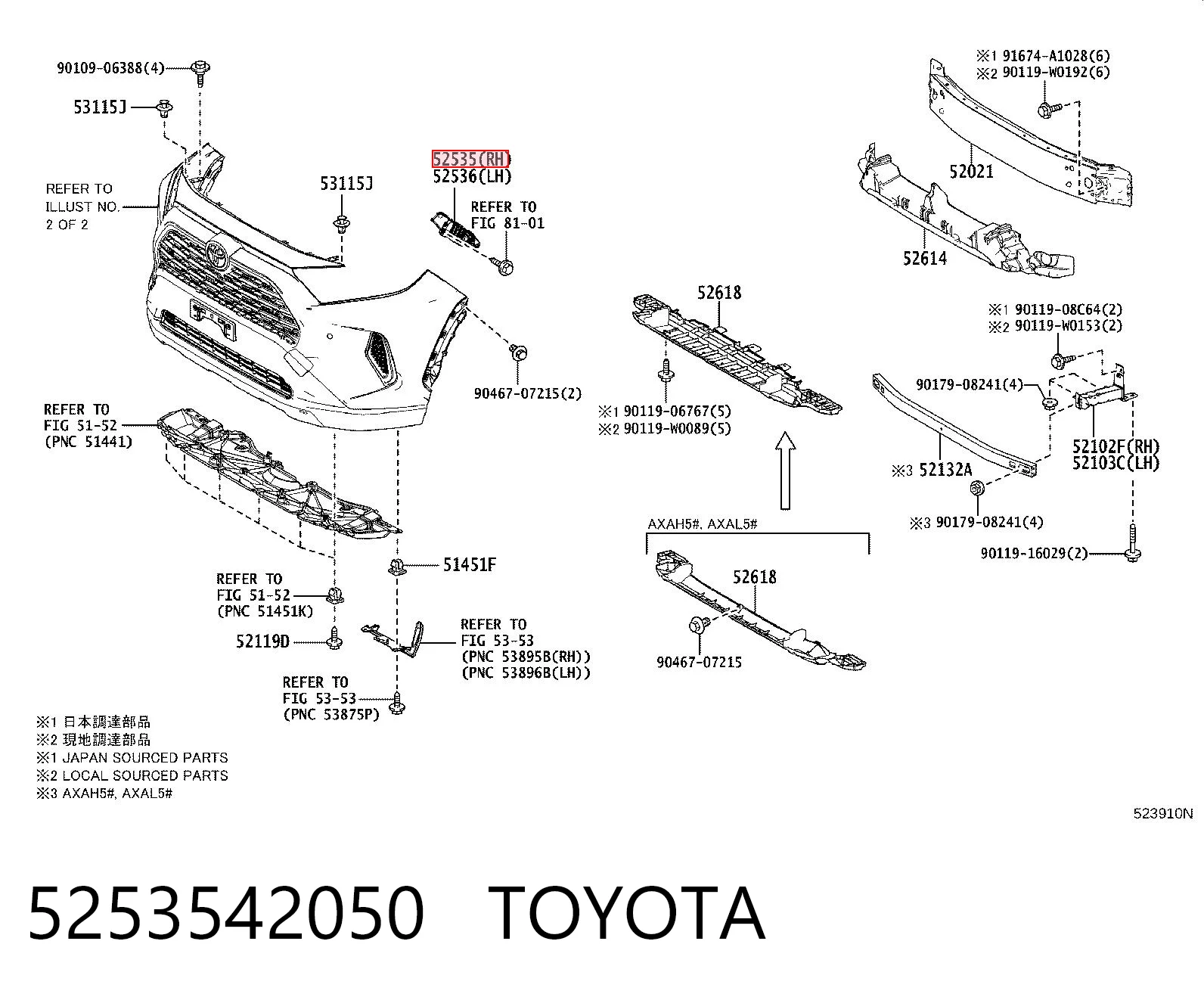 5253542050 Toyota Guía derecha del parachoques delantero
