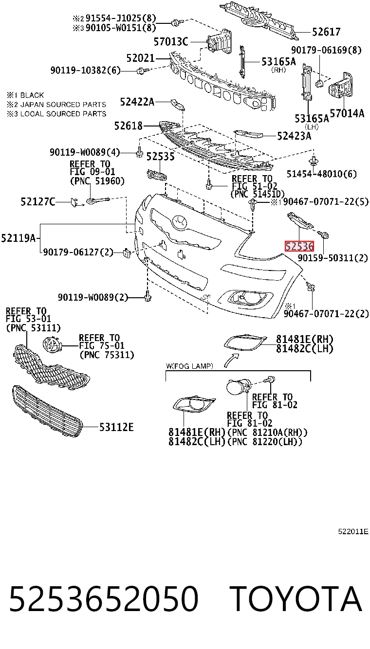 5253652050 Toyota Guía del parachoques delantero izquierda