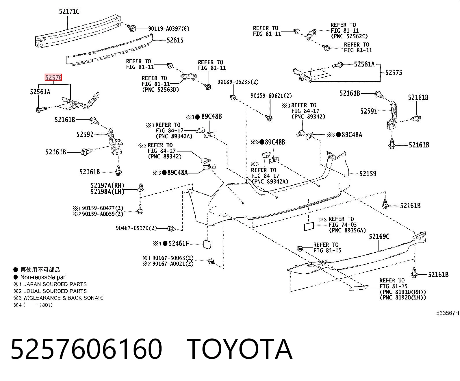 5257606160 Toyota Soporte exterior izquierdo del parachoques trasero