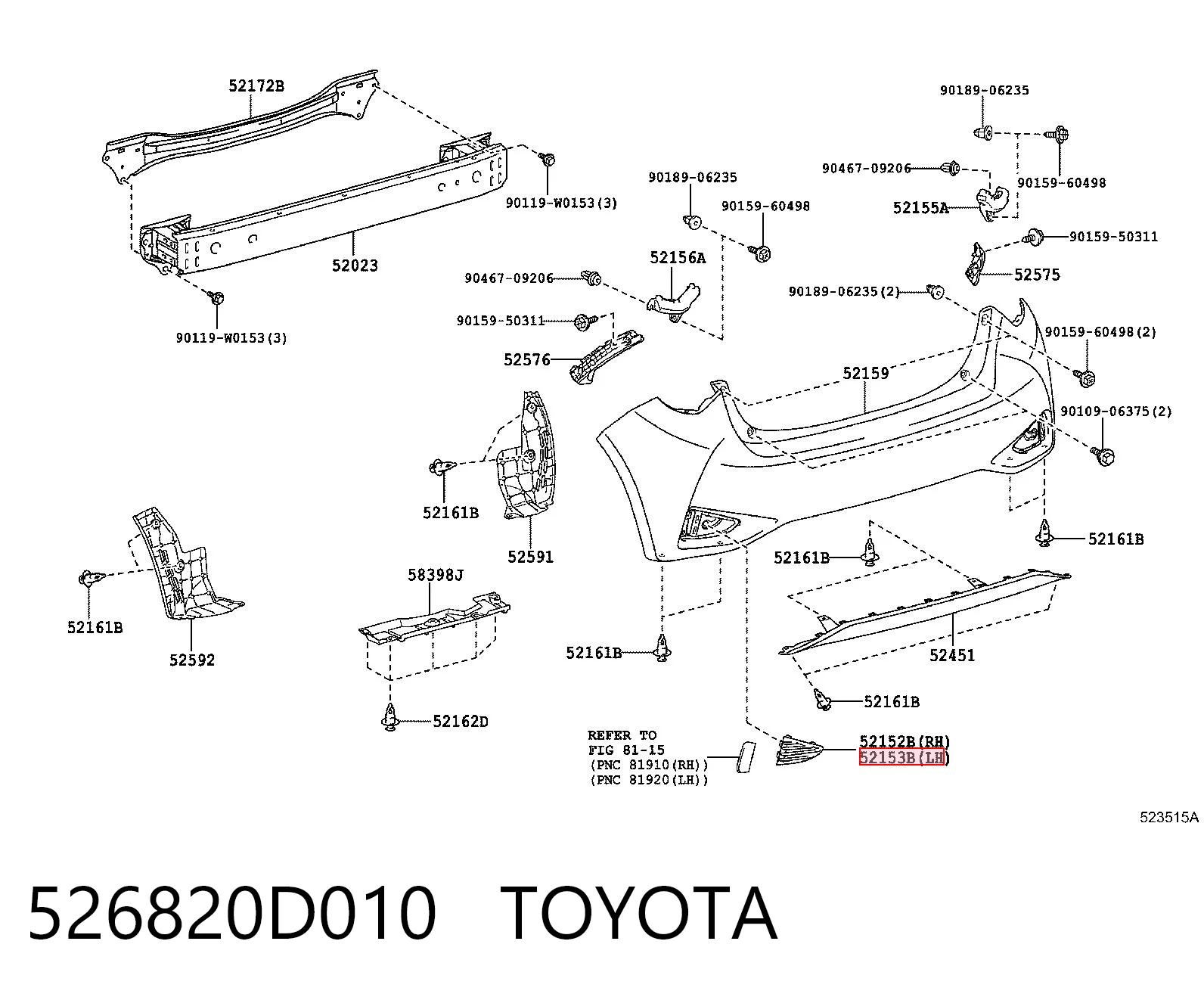 526820D010 Toyota Parachoques trasero, parte izquierda