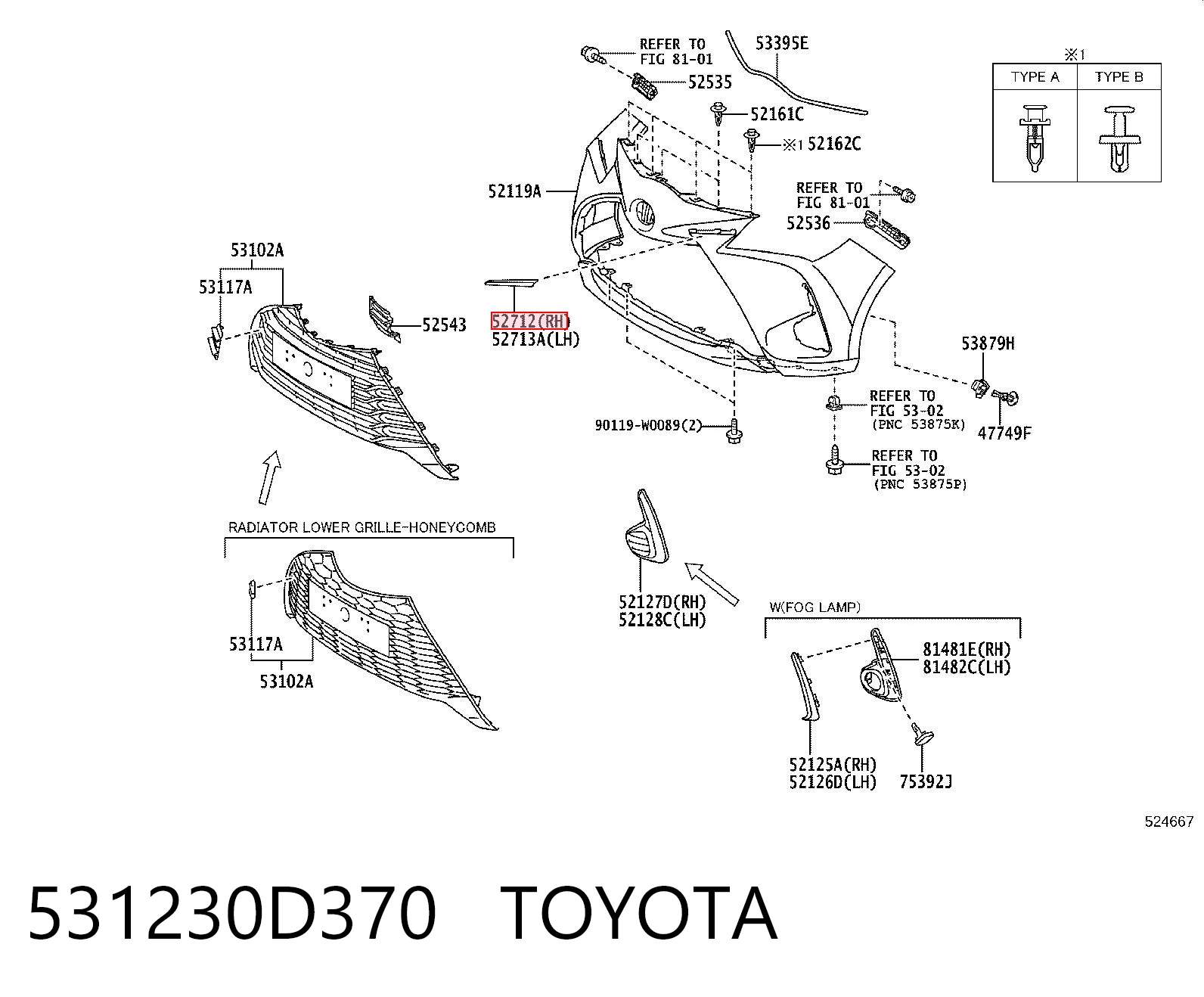 531230D370 Toyota Moldura del parachoques delantero derecho