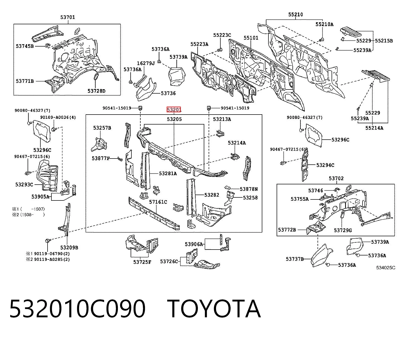 532010C090 Toyota Soporte de radiador completo (panel de montaje para foco)